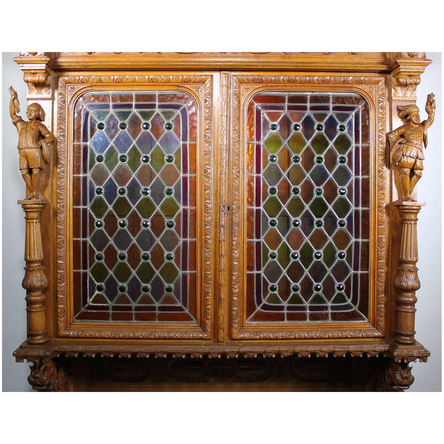 Hand-Carved Large Italian 19th Century Baroque Style Oak-Carved Figural Credenza Cabinet For Sale