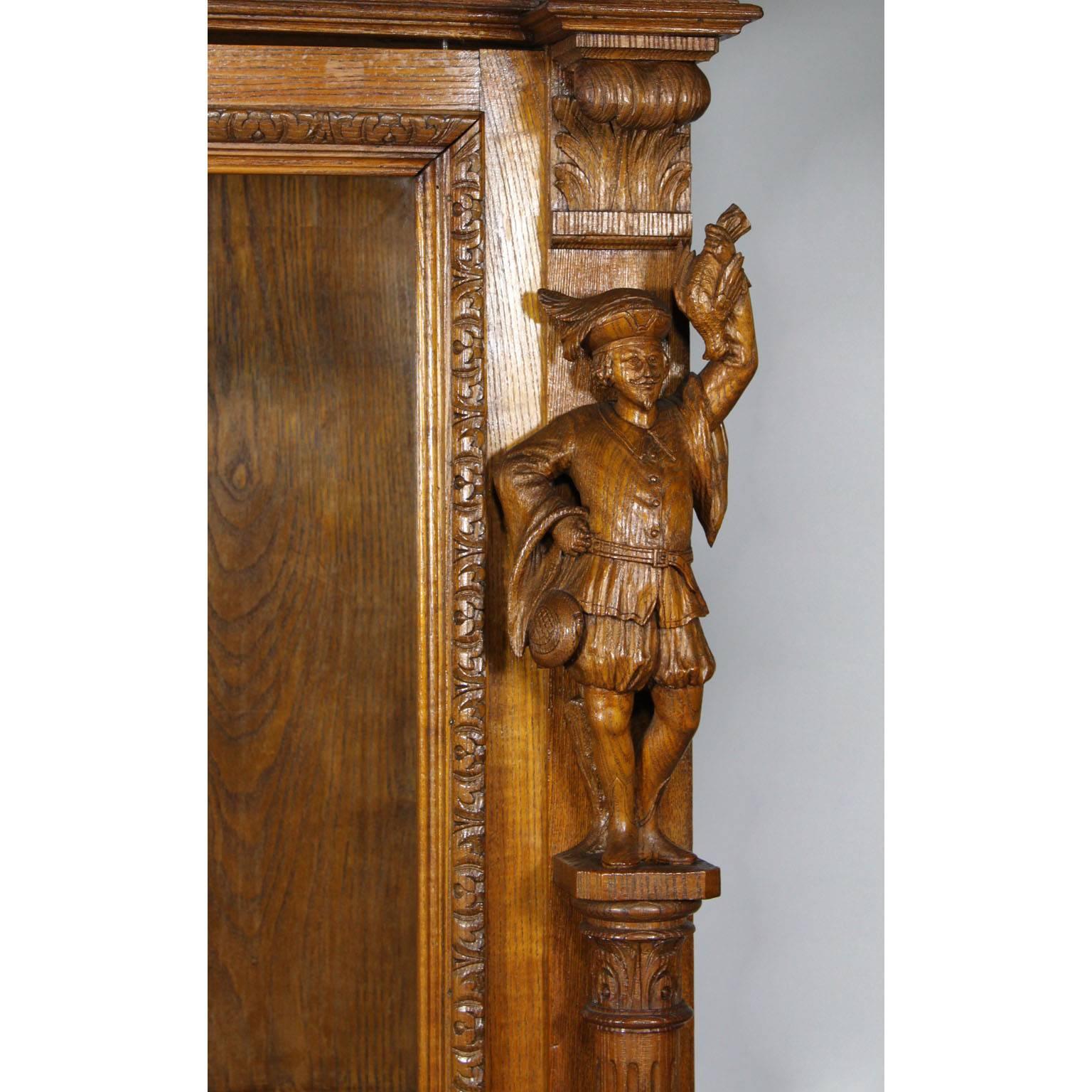 Beveled Italian 19th Century Baroque Style Carved Oak Figural Vitrine Cabinet circa 1880 For Sale