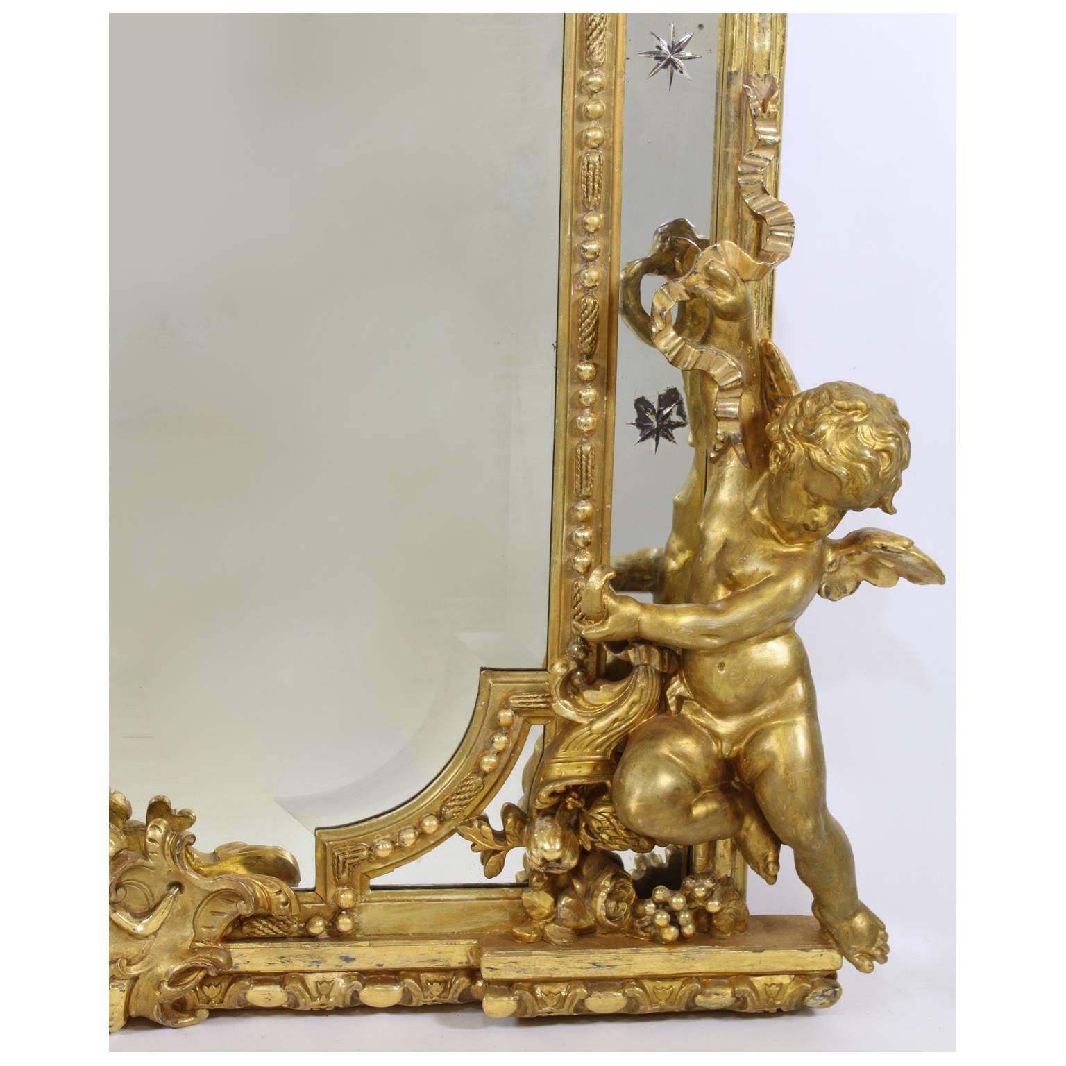 French 19th Century Louis XV Style Giltwood and Gesso Carved Mirror with Cherubs 1