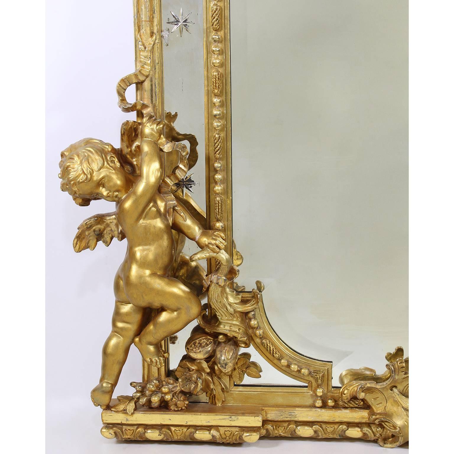 Beveled French 19th Century Louis XV Style Giltwood and Gesso Carved Mirror with Cherubs