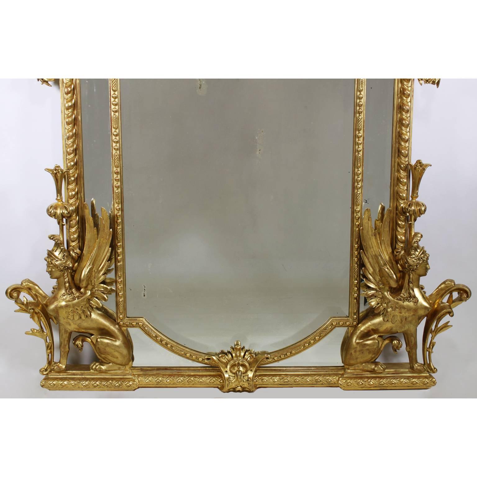Empire Revival French Empire Style 19th Century Napoleon III Giltwood Mirror with Sphinxes For Sale