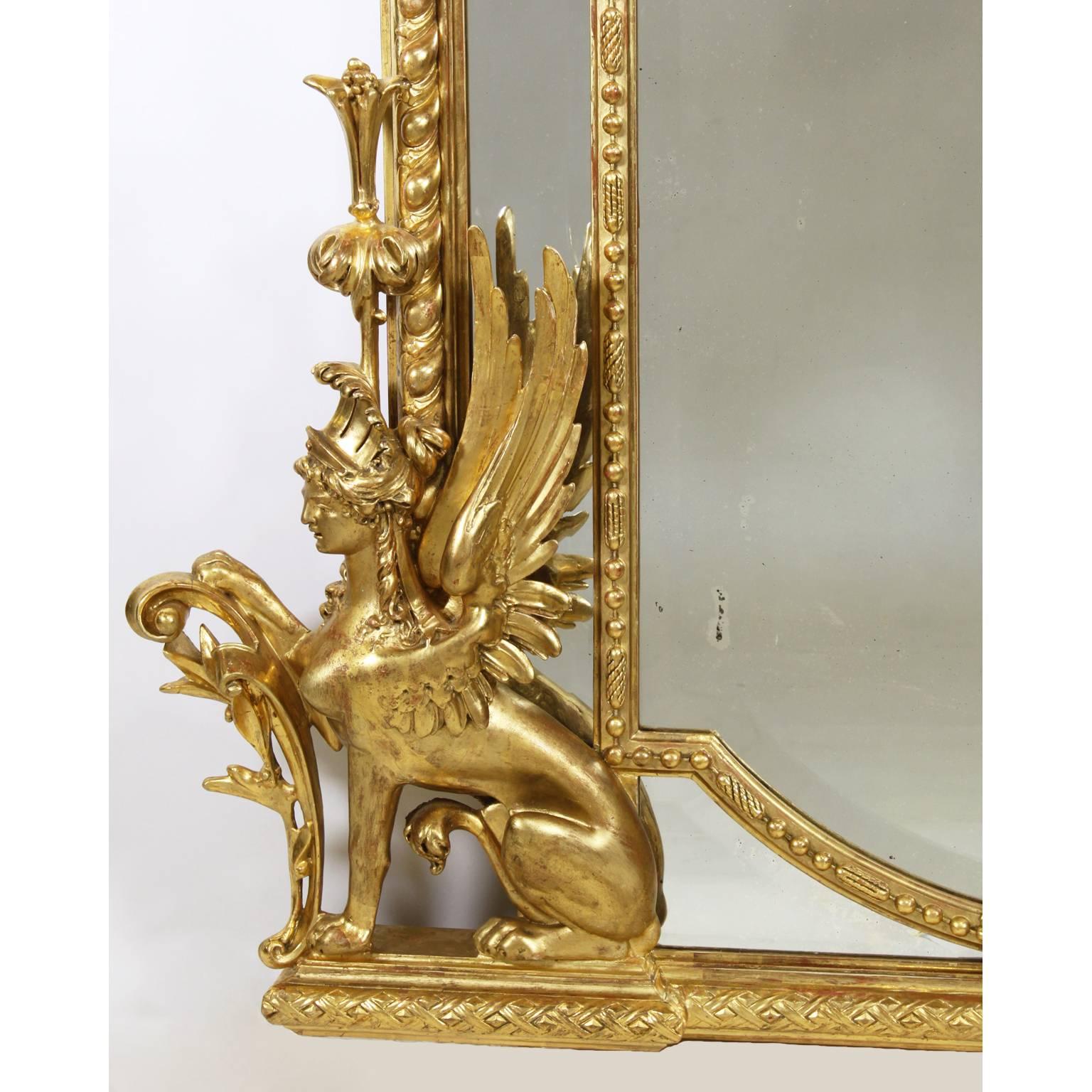 Beveled French Empire Style 19th Century Napoleon III Giltwood Mirror with Sphinxes For Sale