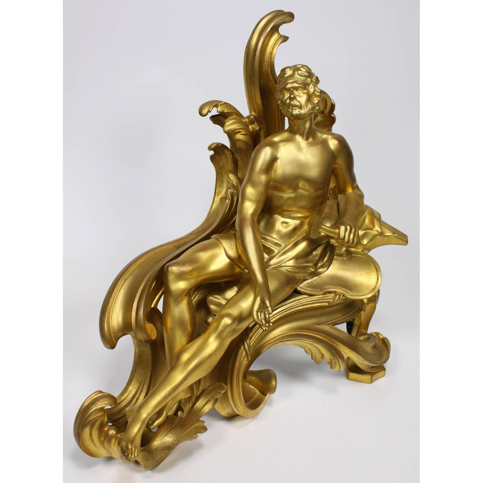 Doré Paire de chenets français de style Louis XV du XIXe siècle en bronze doré par Bouhon Frers en vente