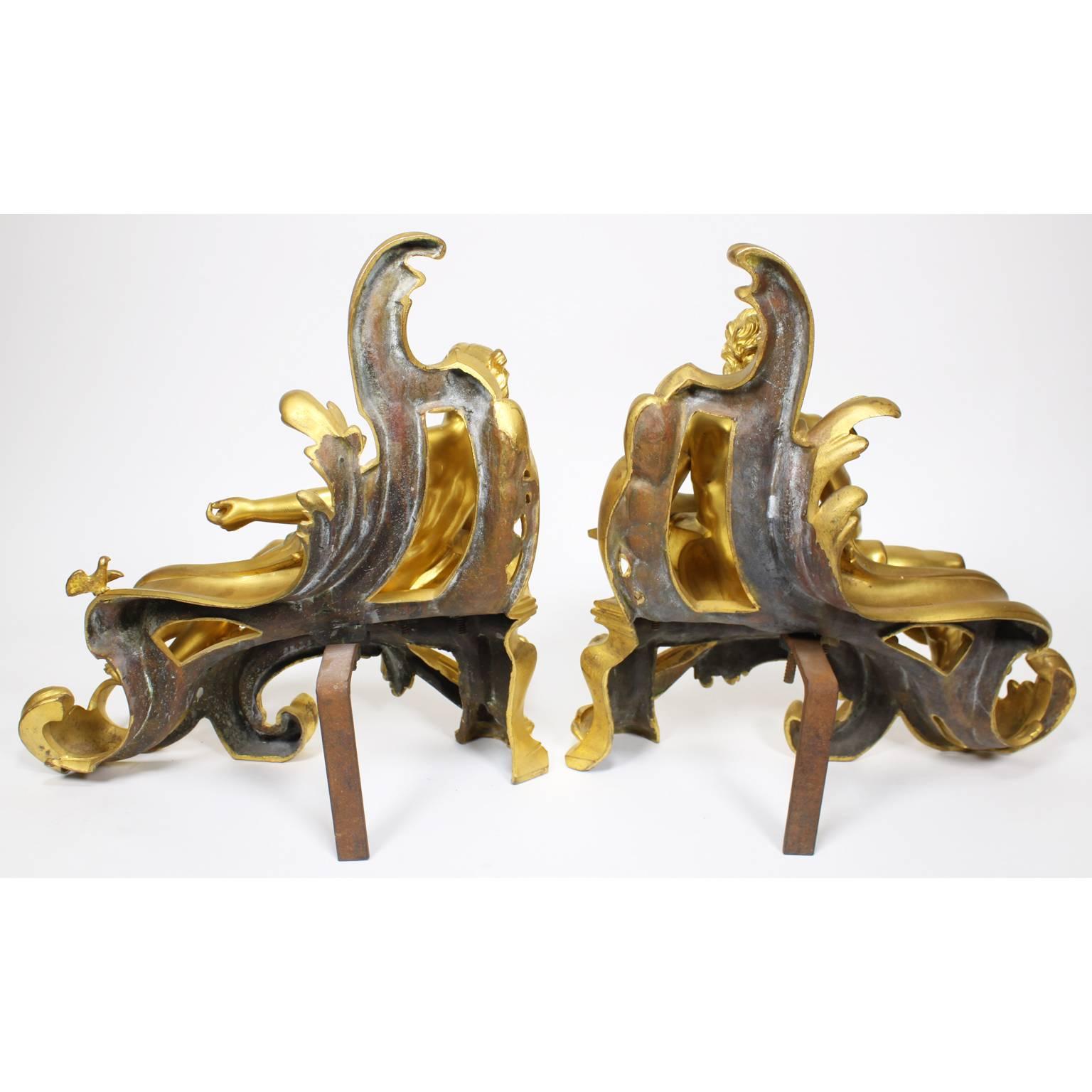 Pair of French 19th Century Louis XV Style Gilt Bronze Chenets by Bouhon Frers For Sale 6