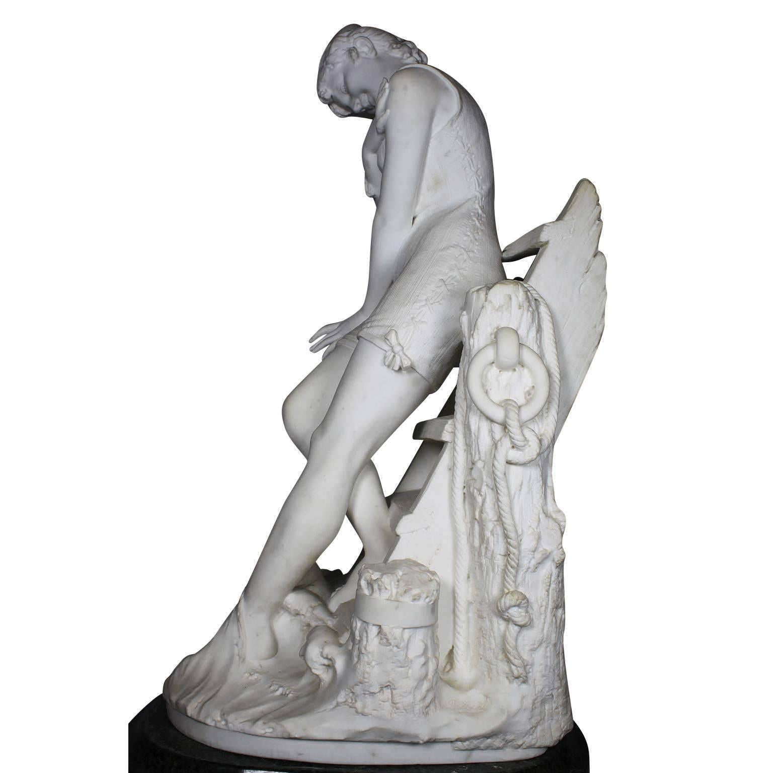 Belle Époque Italian 19th Century Carrara Marble Sculpture Going for a Swim by Emilio Fiaschi For Sale