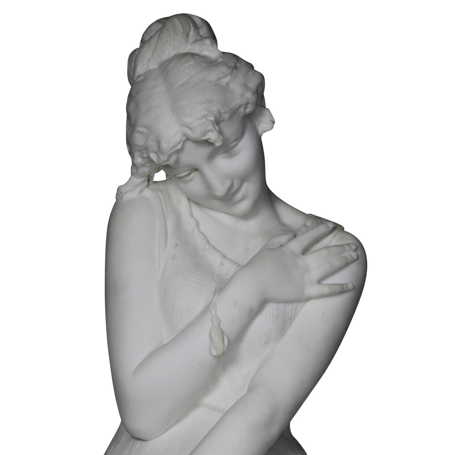 Italian 19th Century Carrara Marble Sculpture Going for a Swim by Emilio Fiaschi In Good Condition For Sale In Los Angeles, CA