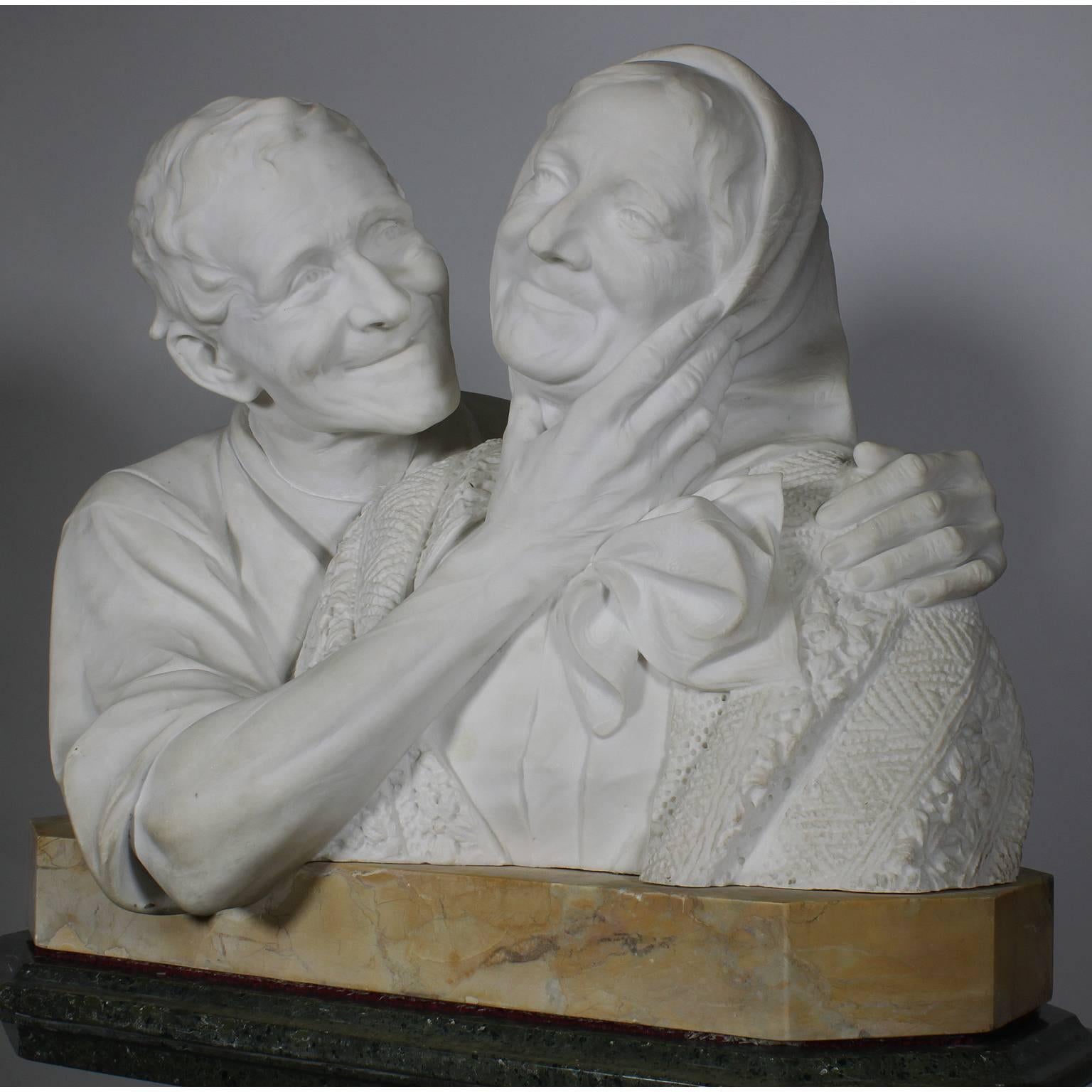 Carved Italian 19th-20th Century Carrara Marble Bust Group of a Romantic Elderly Couple