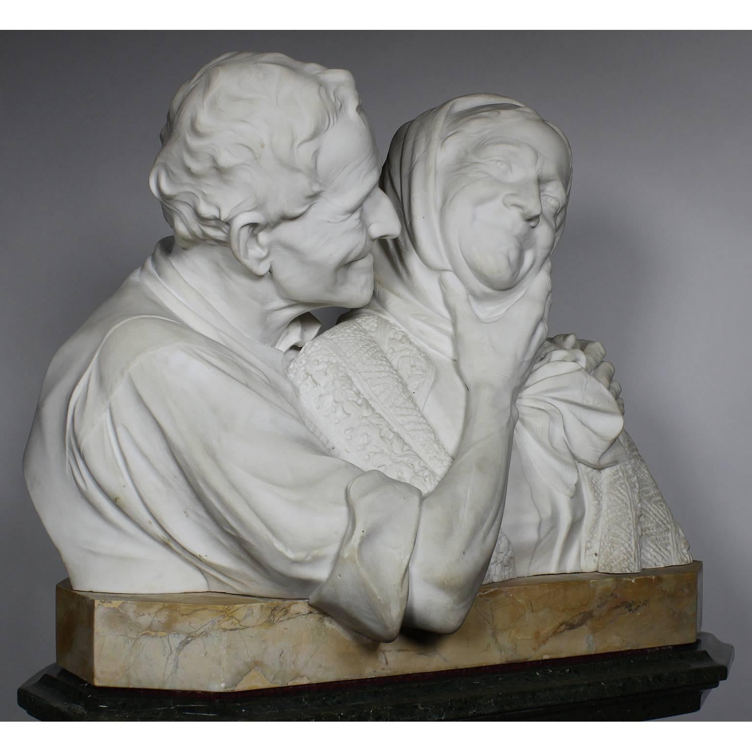 Italian 19th-20th Century Carrara Marble Bust Group of a Romantic Elderly Couple 1