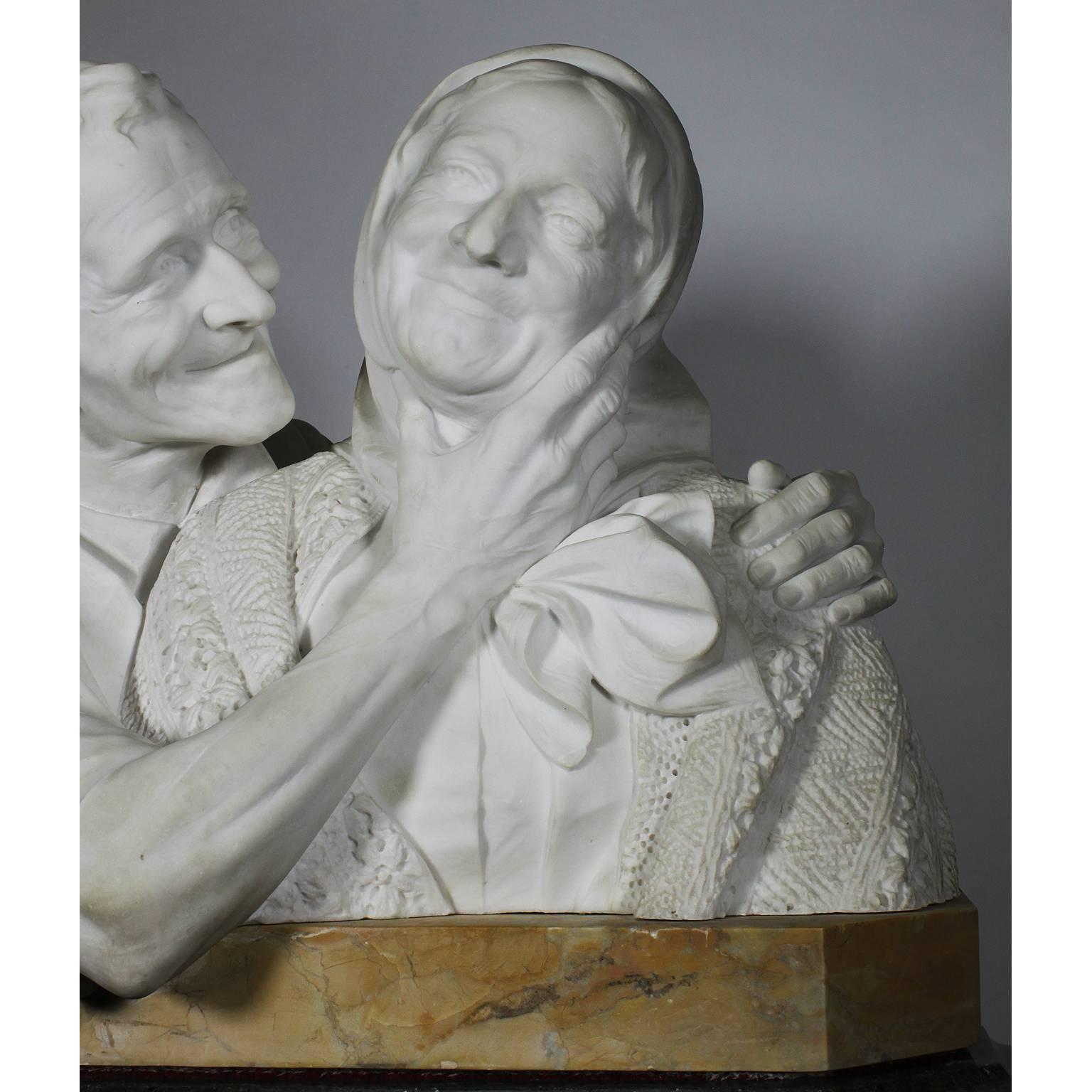 Early 20th Century Italian 19th-20th Century Carrara Marble Bust Group of a Romantic Elderly Couple