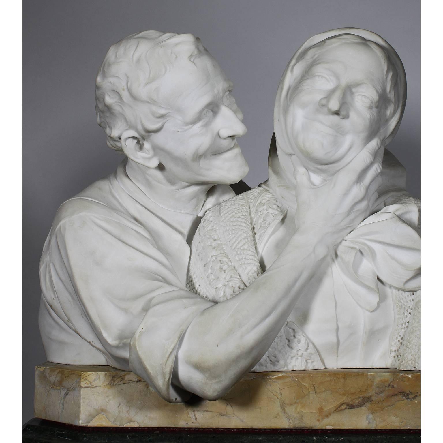 Italian 19th-20th Century Carrara Marble Bust Group of a Romantic Elderly Couple In Excellent Condition In Los Angeles, CA