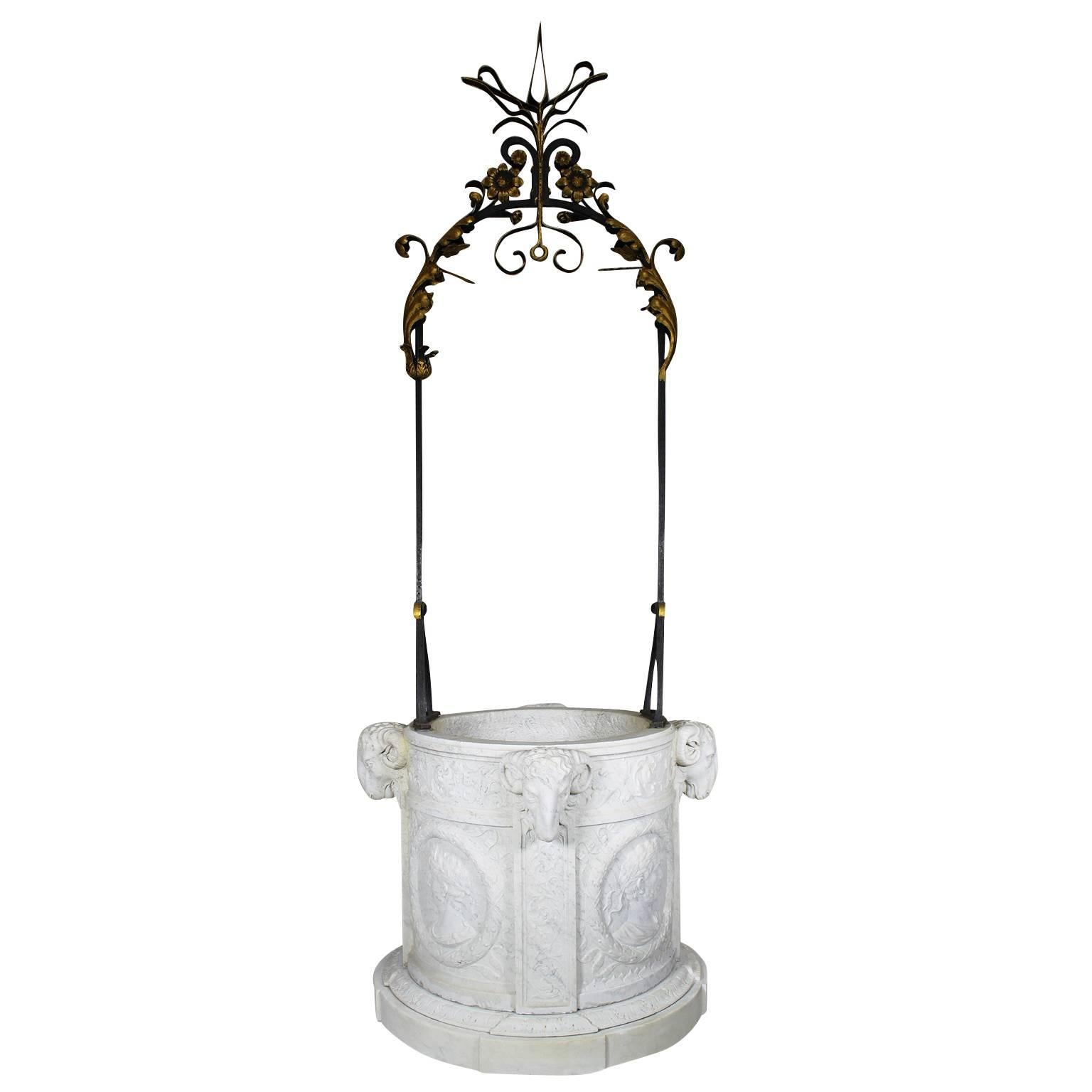 Italian 19th Century Carved Carrara Marble and Wrought Iron Wishing Well Head