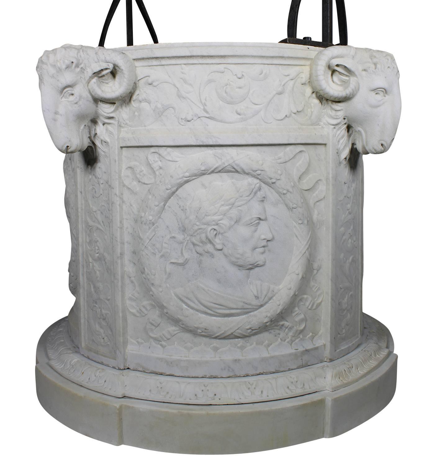 Greco Roman Italian 19th Century Carved Carrara Marble and Wrought Iron Wishing Well Head