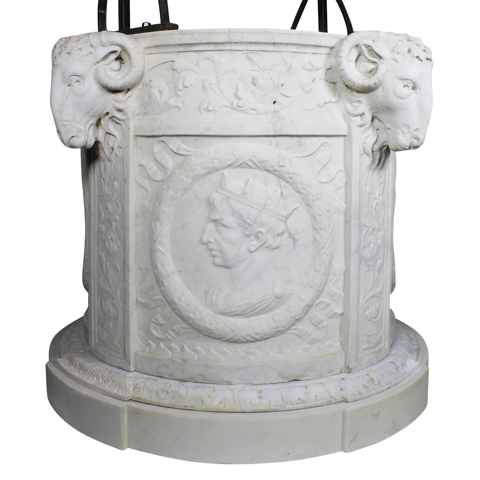 Hand-Carved Italian 19th Century Carved Carrara Marble and Wrought Iron Wishing Well Head