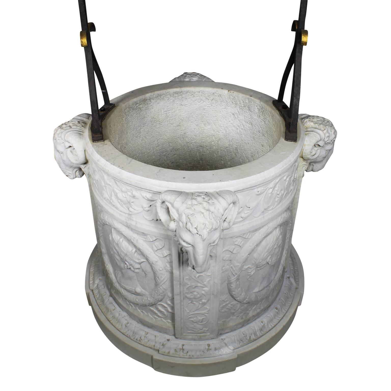 Italian 19th Century Carved Carrara Marble and Wrought Iron Wishing Well Head 3