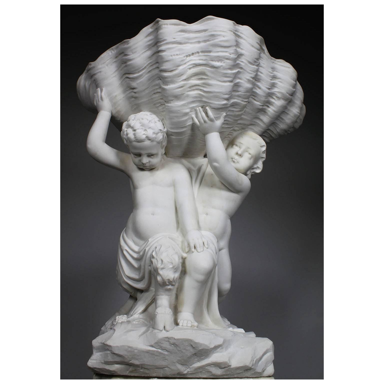Baroque Italian 19th Century Carved Carrara Marble Figural Fountain Jardinière Planter For Sale