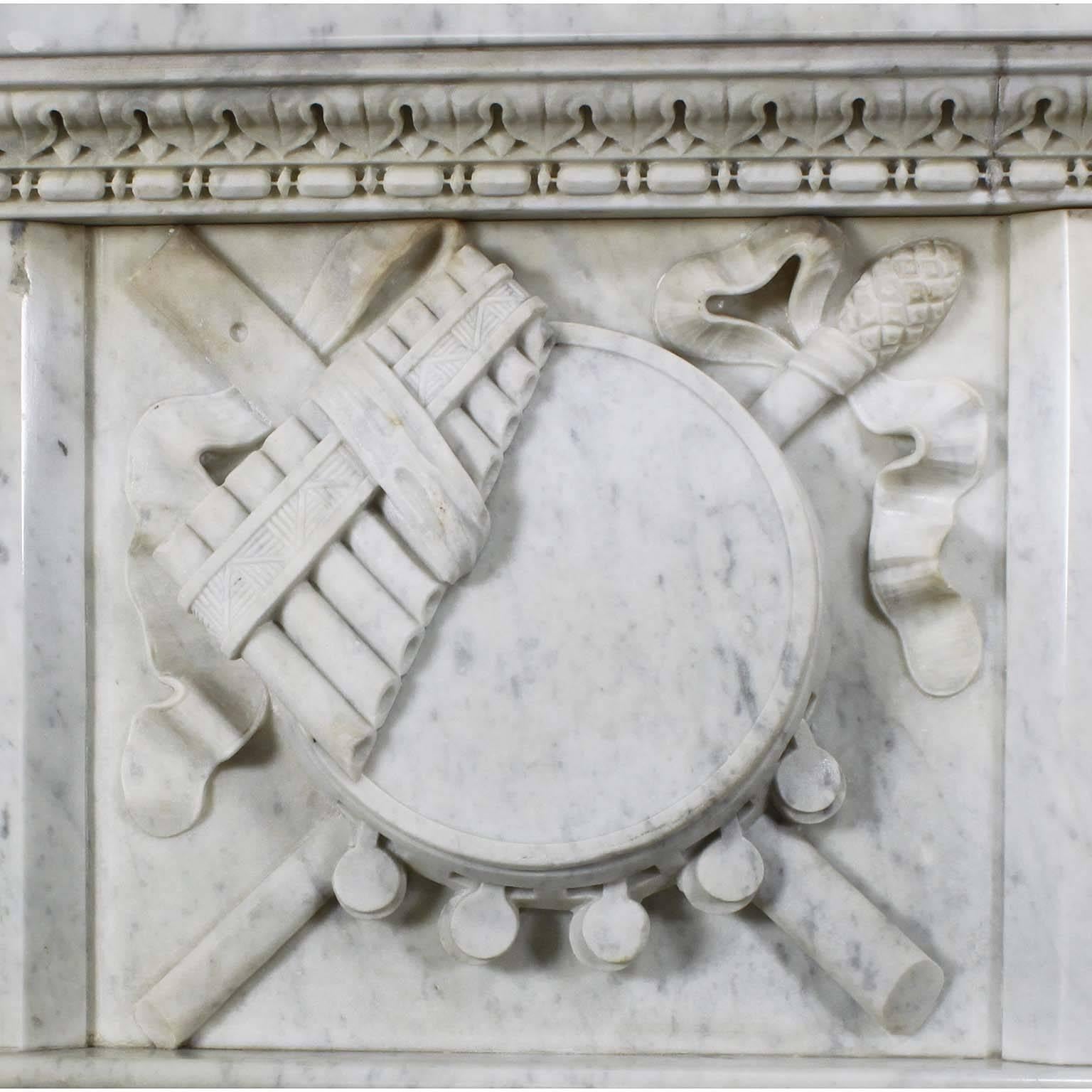 Hand-Carved Fine French 19th Century Louis XVI Style Carved White Marble Fireplace Mantel For Sale