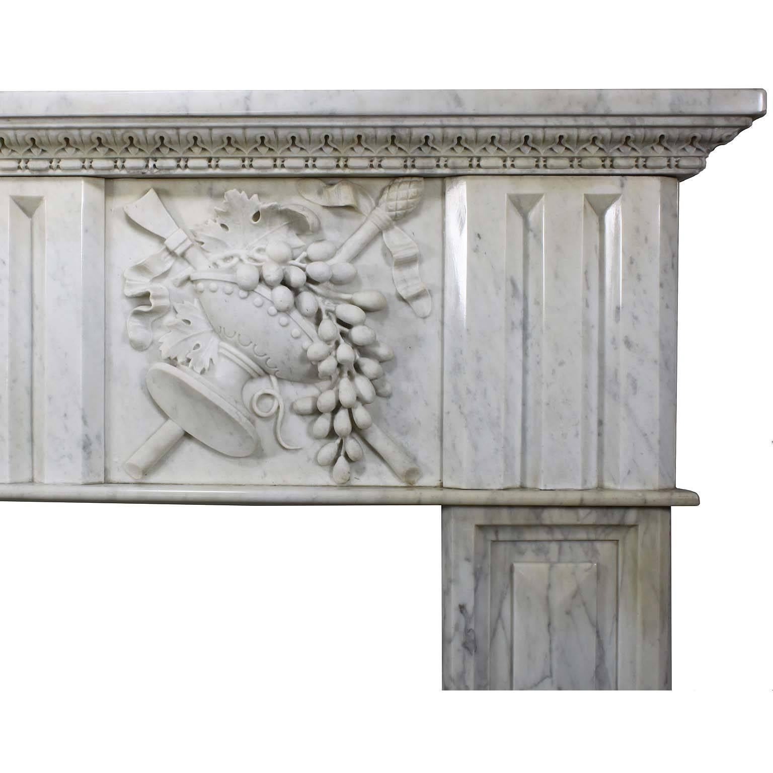 Fine French 19th Century Louis XVI Style Carved White Marble Fireplace Mantel In Good Condition For Sale In Los Angeles, CA