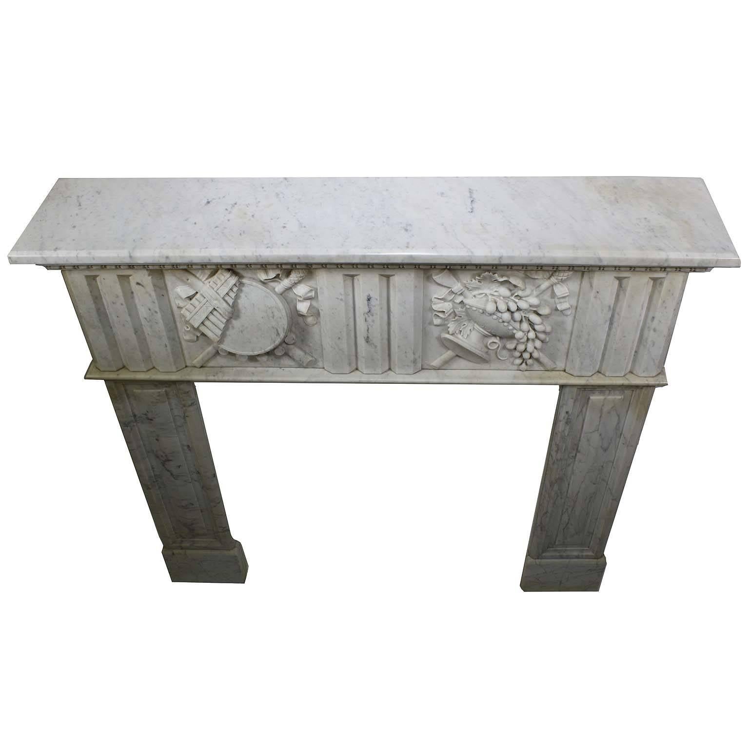Fine French 19th Century Louis XVI Style Carved White Marble Fireplace Mantel For Sale 2