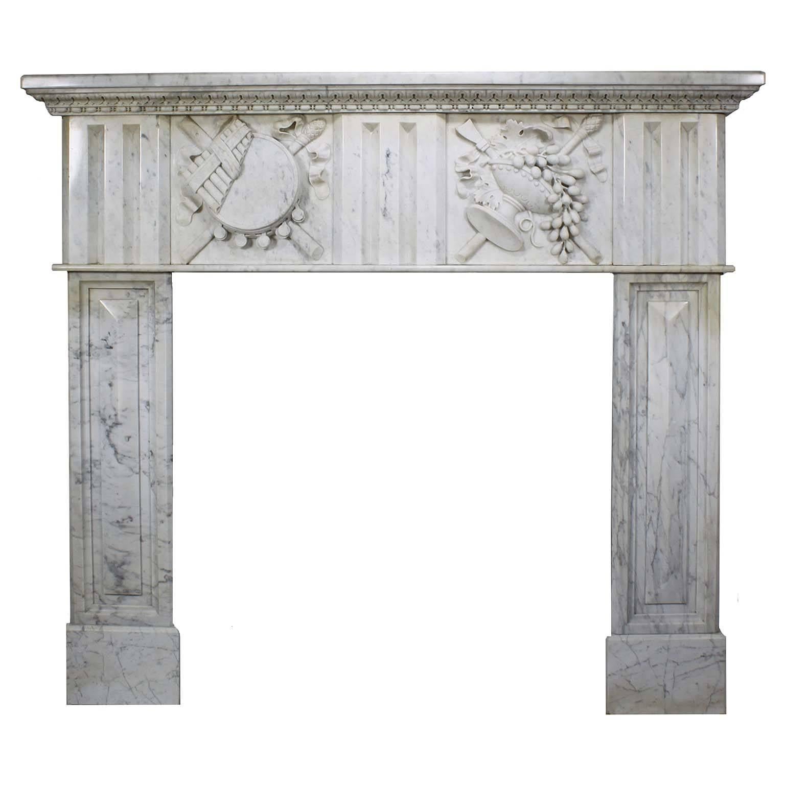 Fine French 19th Century Louis XVI Style Carved White Marble Fireplace Mantel