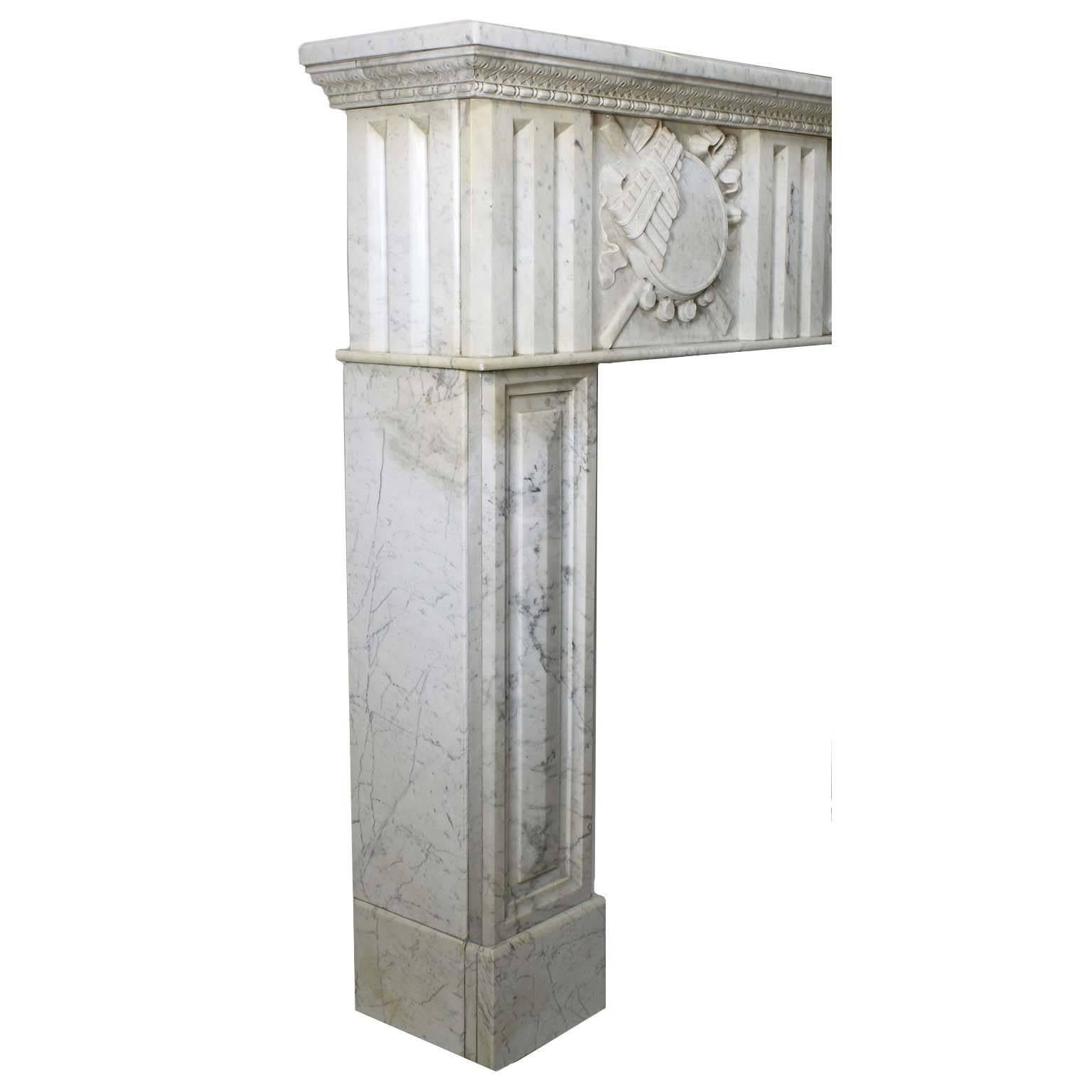 Fine French 19th Century Louis XVI Style Carved White Marble Fireplace Mantel For Sale 1