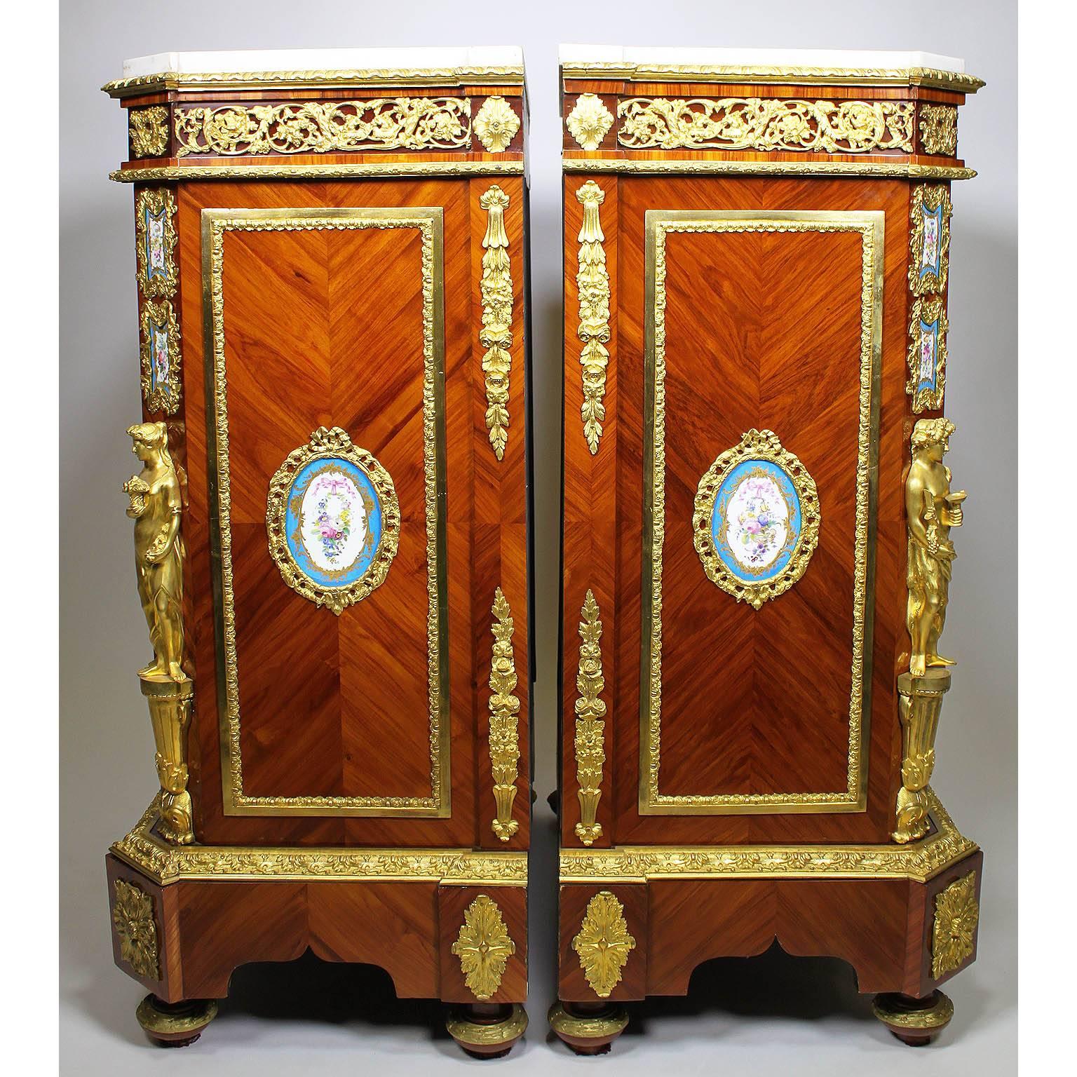 Pair of French Napoleon III Figural Ormolu and Porcelain Mounted Side-Cabinets For Sale 4