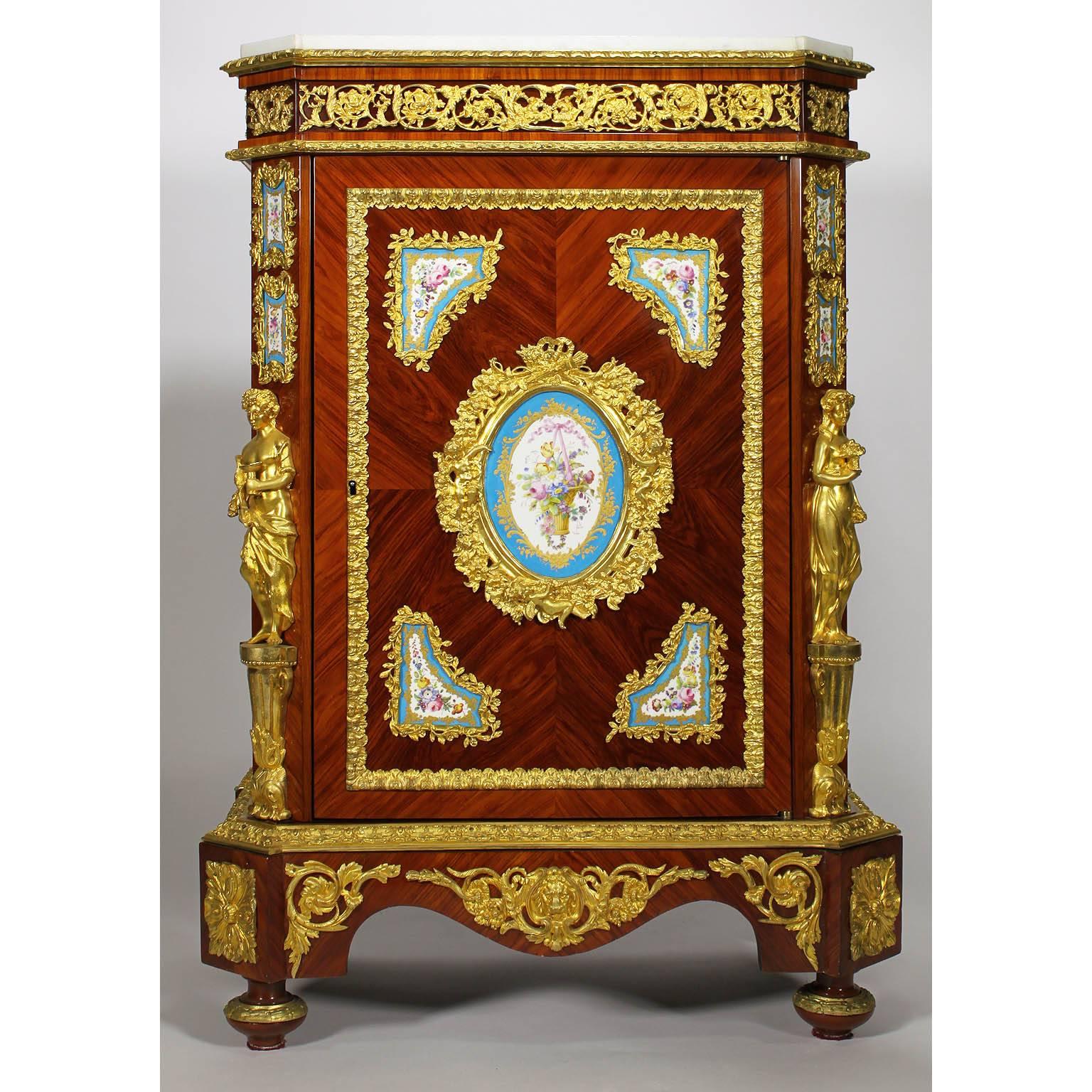 19th Century Pair of French Napoleon III Figural Ormolu and Porcelain Mounted Side-Cabinets For Sale