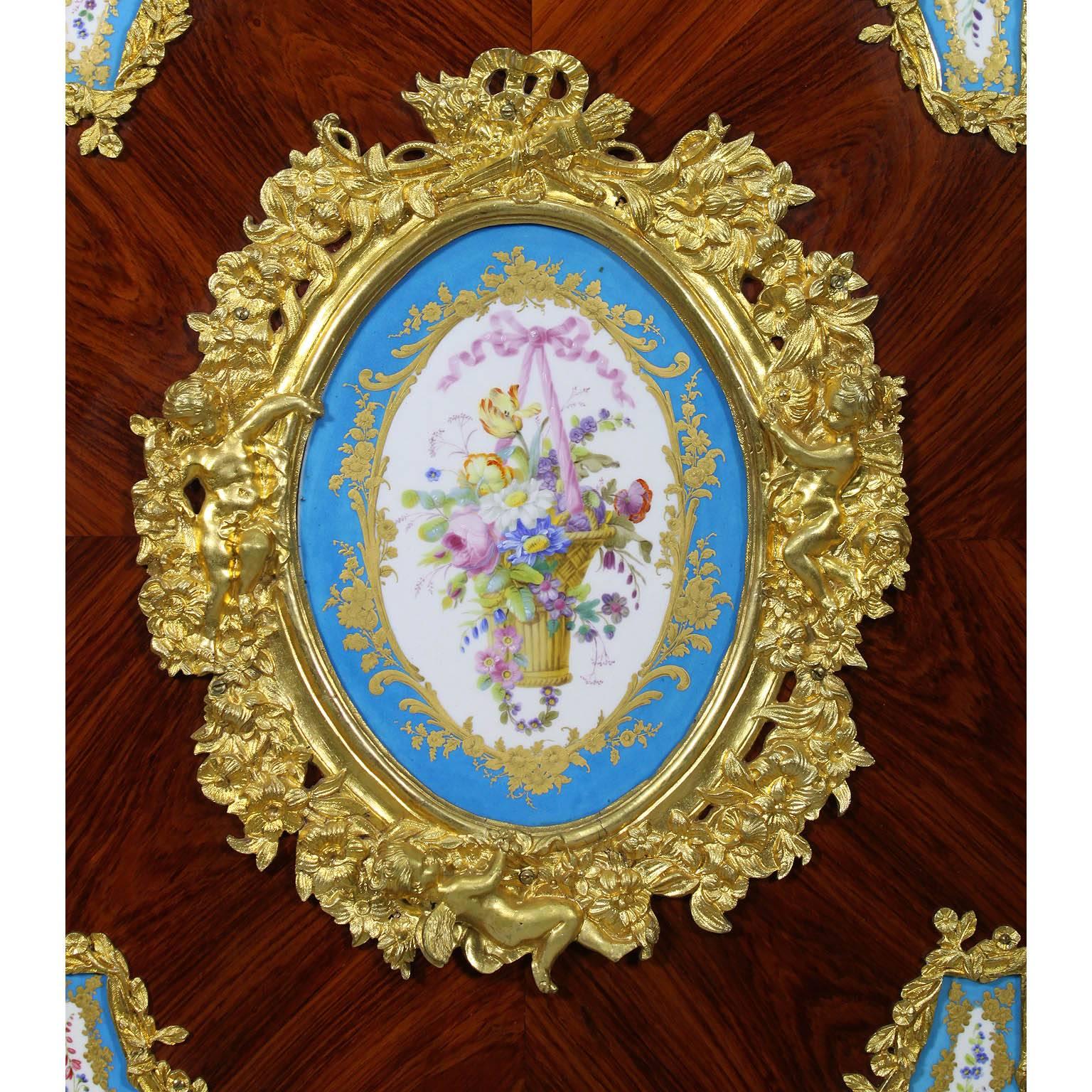 Pair of French Napoleon III Figural Ormolu and Porcelain Mounted Side-Cabinets For Sale 1