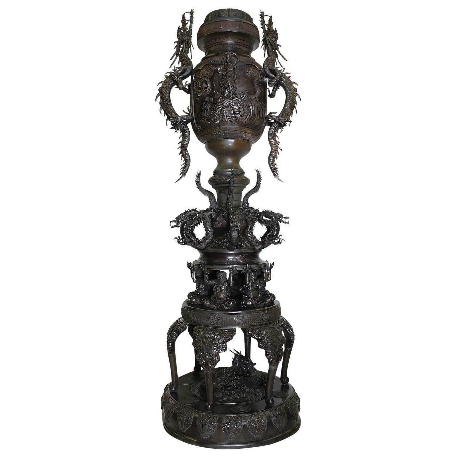 Monumental Japanese Meiji Period Bronze Censer Urn with Dragons For Sale