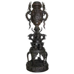 Monumental Japanese Early Meiji Taisho Period Bronze Censer Urn with Dragons