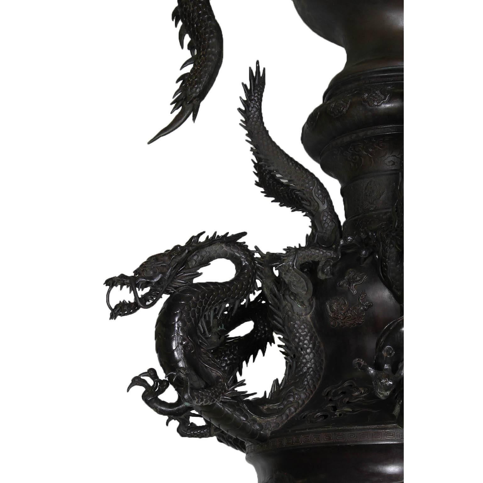 Monumental Japanese Meiji Period Bronze Censer Urn with Dragons 2