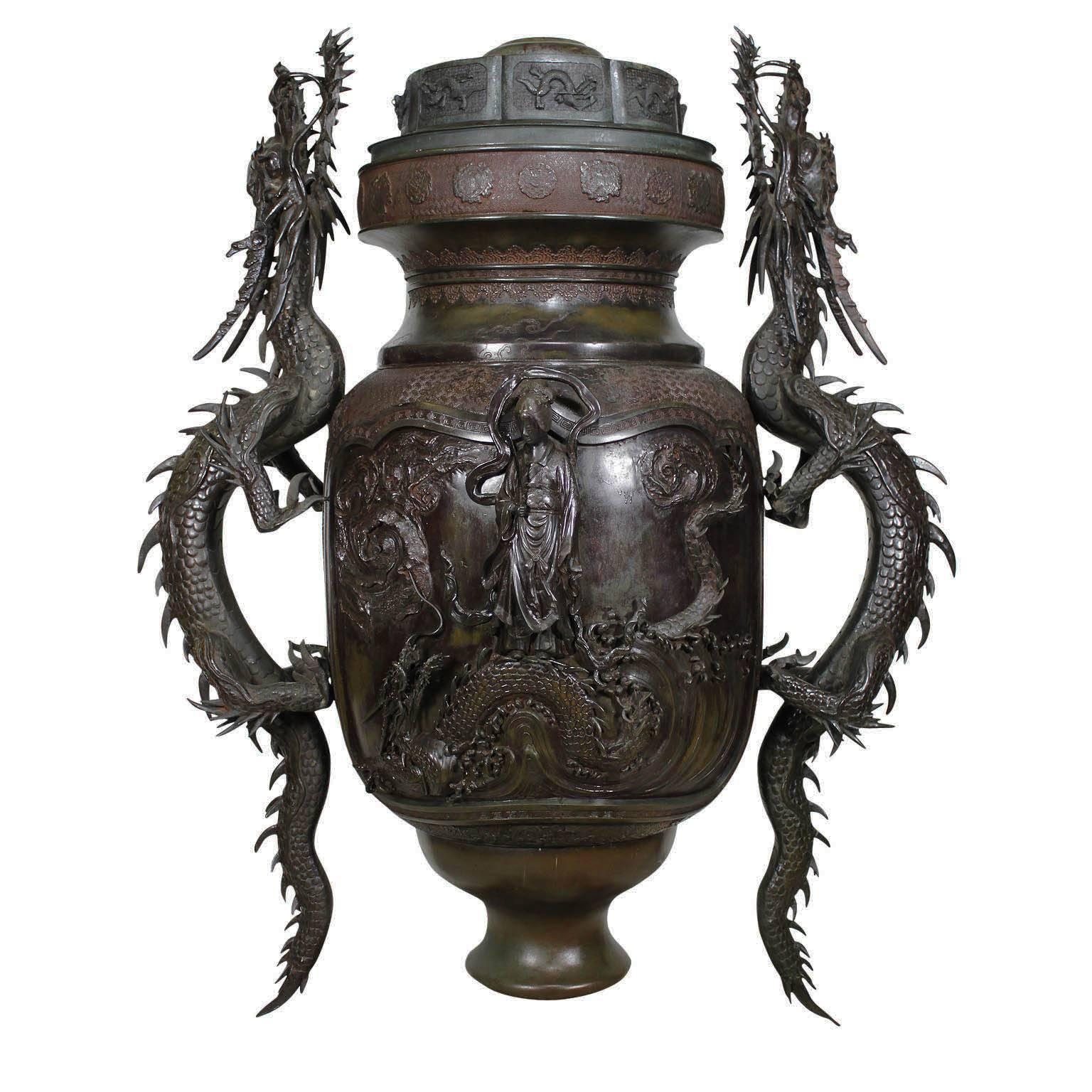 Patinated Monumental Japanese Meiji Period Bronze Censer Urn with Dragons For Sale