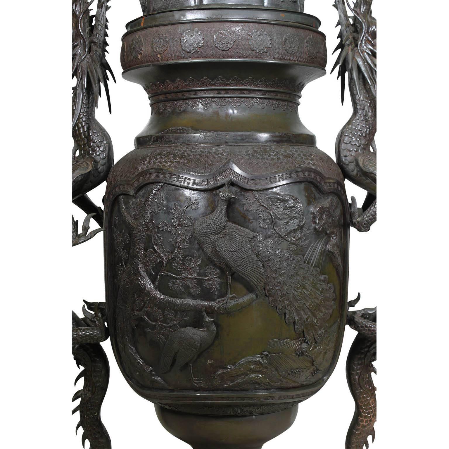 19th Century Monumental Japanese Meiji Period Bronze Censer Urn with Dragons For Sale