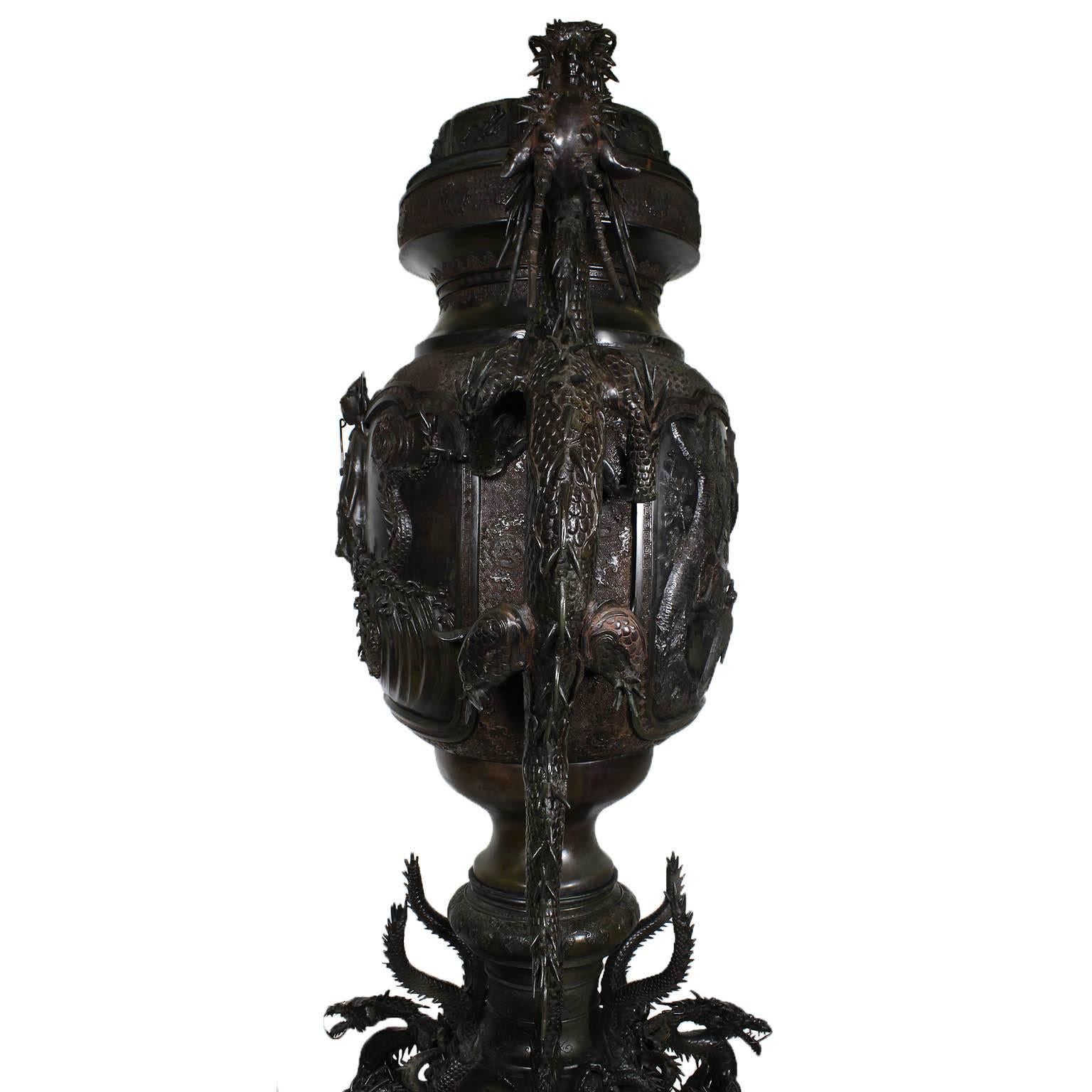 Monumental Japanese Meiji Period Bronze Censer Urn with Dragons 4