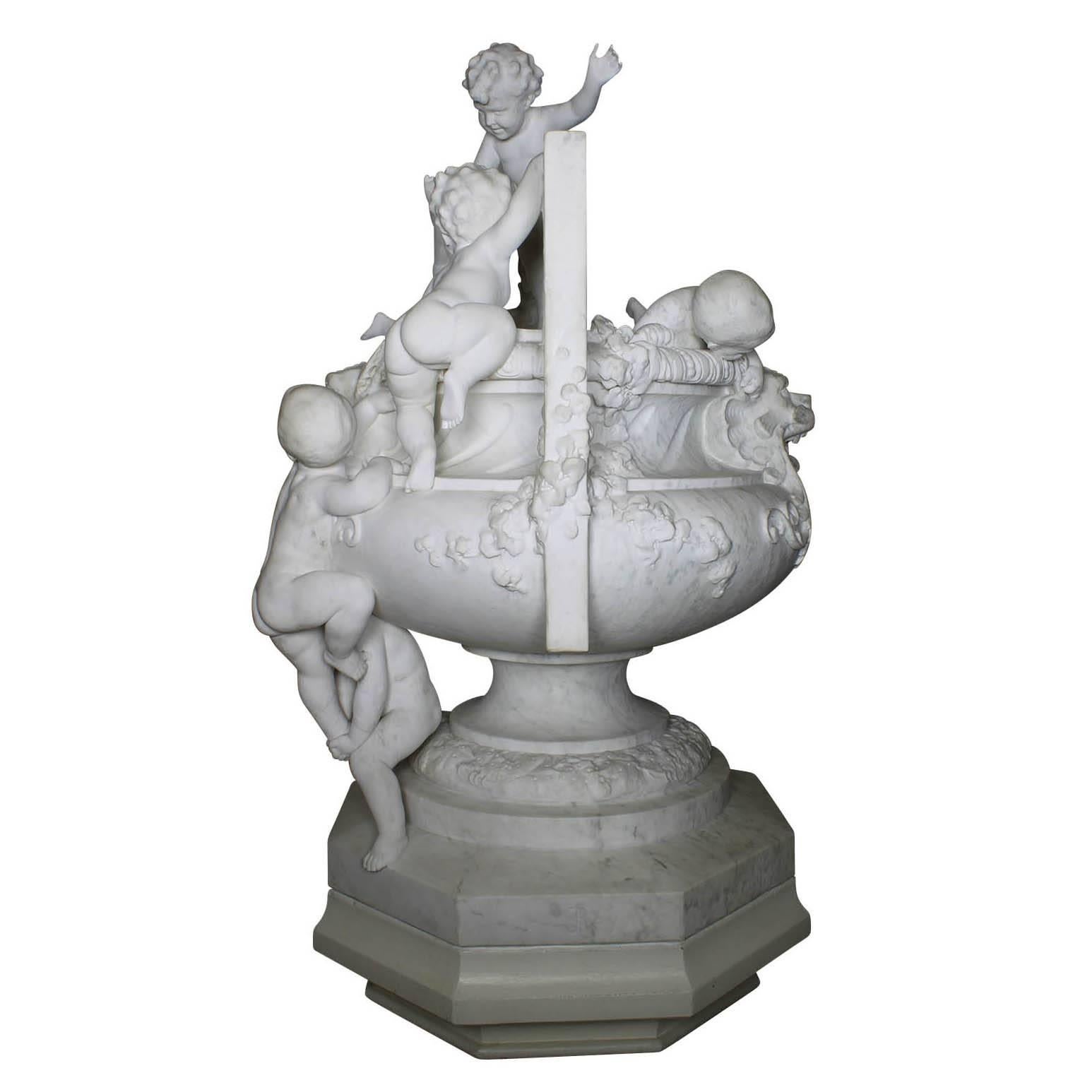 French 19th Century Carved Marble Whimsical Figural Urn Fountain with Children For Sale 1