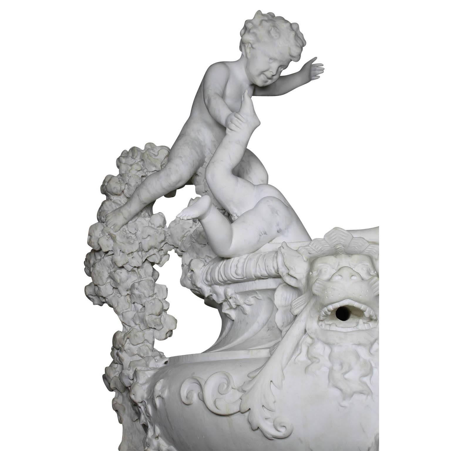 Hand-Carved French 19th Century Carved Marble Whimsical Figural Urn Fountain with Children For Sale