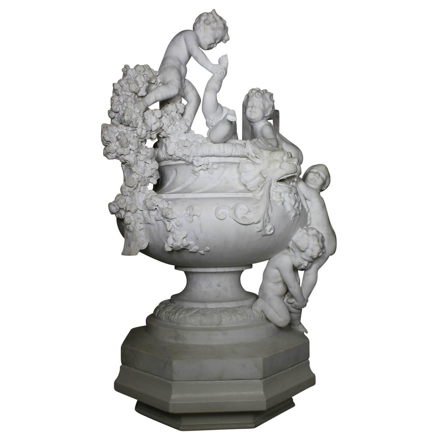 French 19th Century Carved Marble Whimsical Figural Urn Fountain with Children In Fair Condition For Sale In Los Angeles, CA