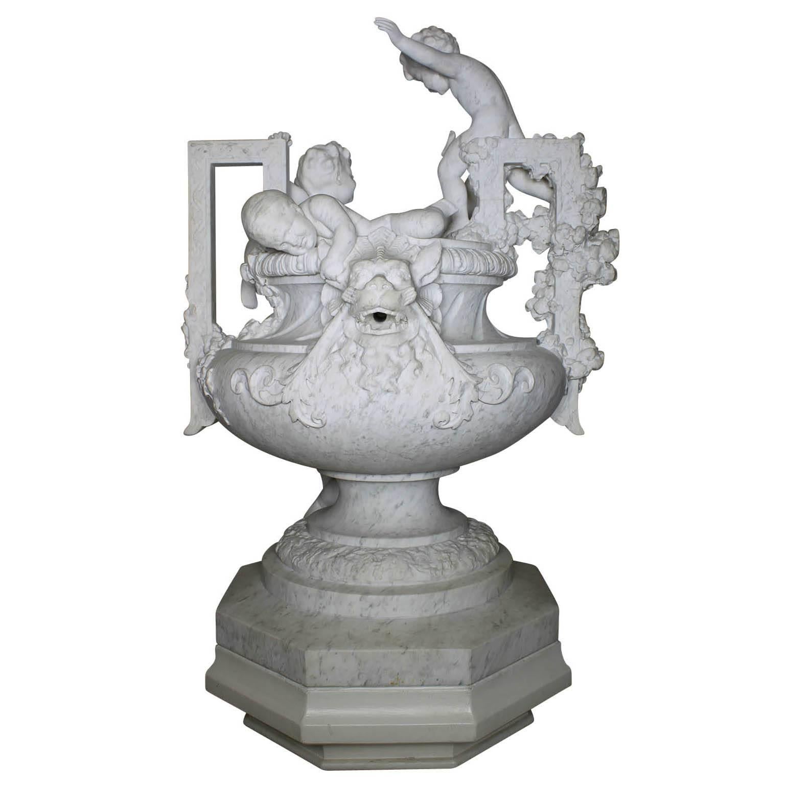 French 19th Century Carved Marble Whimsical Figural Urn Fountain with Children For Sale 3