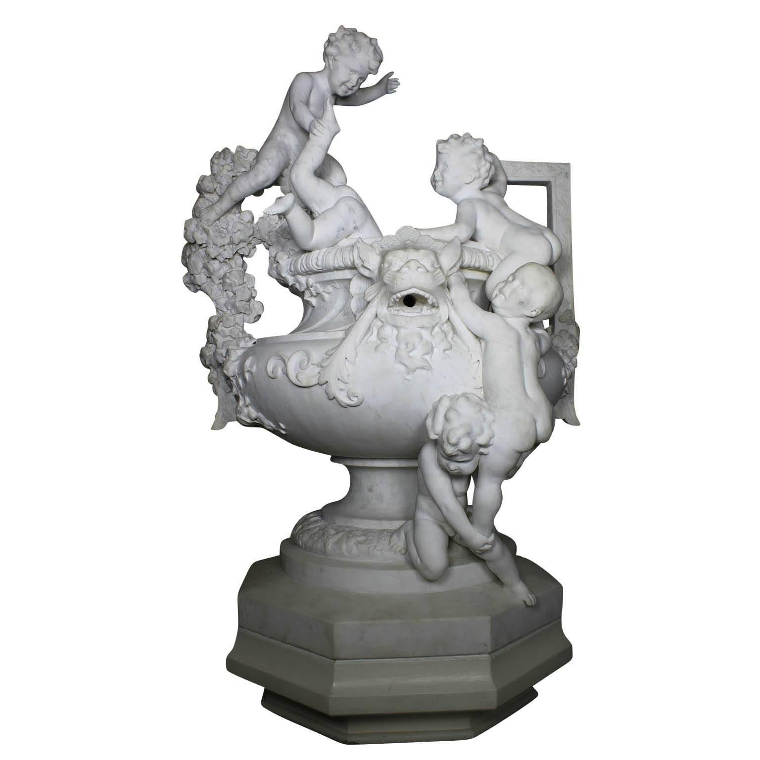 French 19th Century Carved Marble Whimsical Figural Urn Fountain with Children For Sale