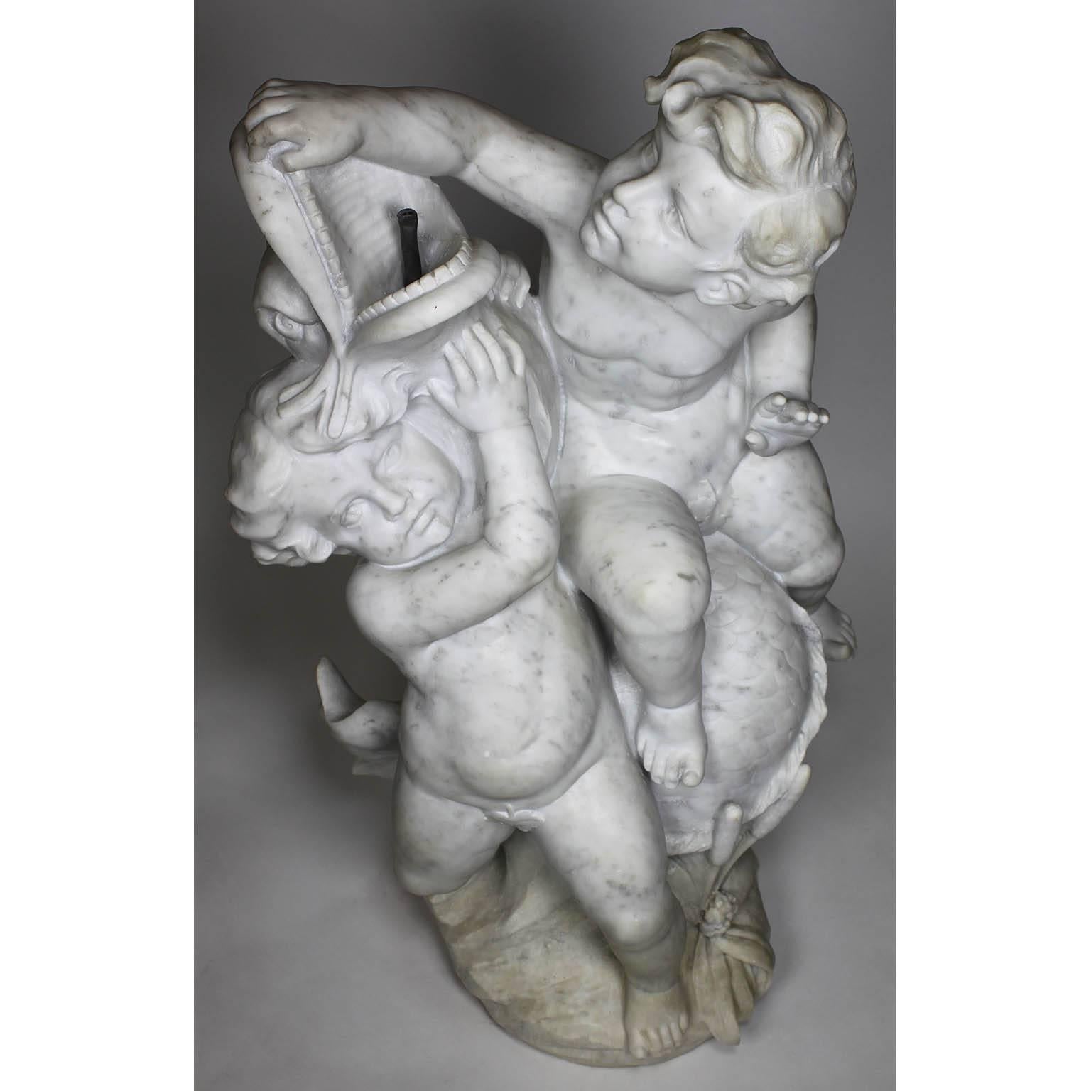 Hand-Carved A French 19th-20th Century Carved White Marble Fountain Sculpture with Children For Sale
