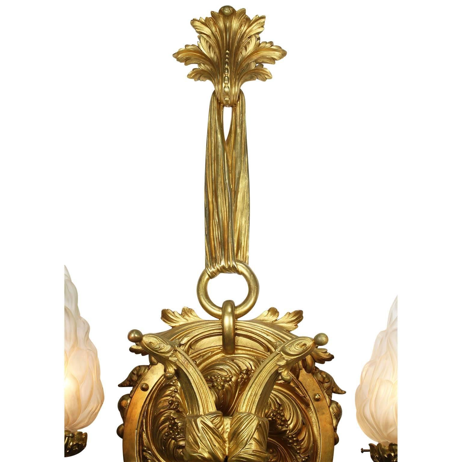 Frosted Large Pair of French 19th-20th Century Louis XVI Style Gilt-Bronze Wall Sconces For Sale