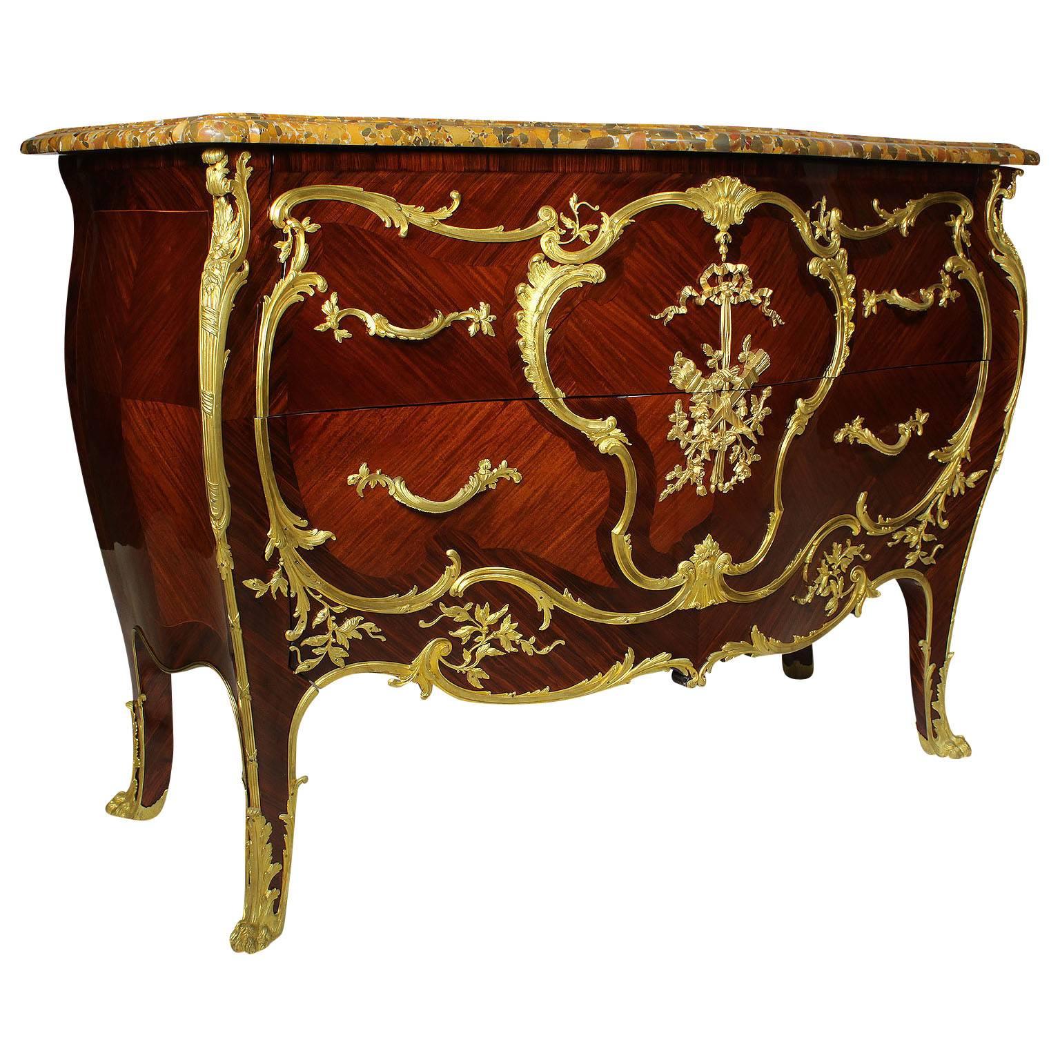 A very fine French Belle Époque 19th-20th century Louis XV style superb quality ormolu-mounted kingwood bombé commode with a Brêche d'Alep marble top, attributed to François Linke and Mâison Millet. Unsigned, Paris, circa 1900.

Note: The ormolu