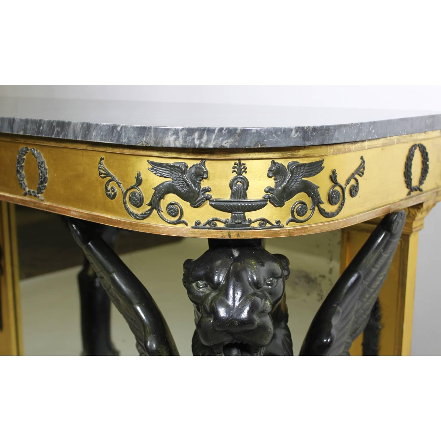 Mirror Pair of French 19th Century Empire Style Giltwood & Gesso Carved Console Tables For Sale