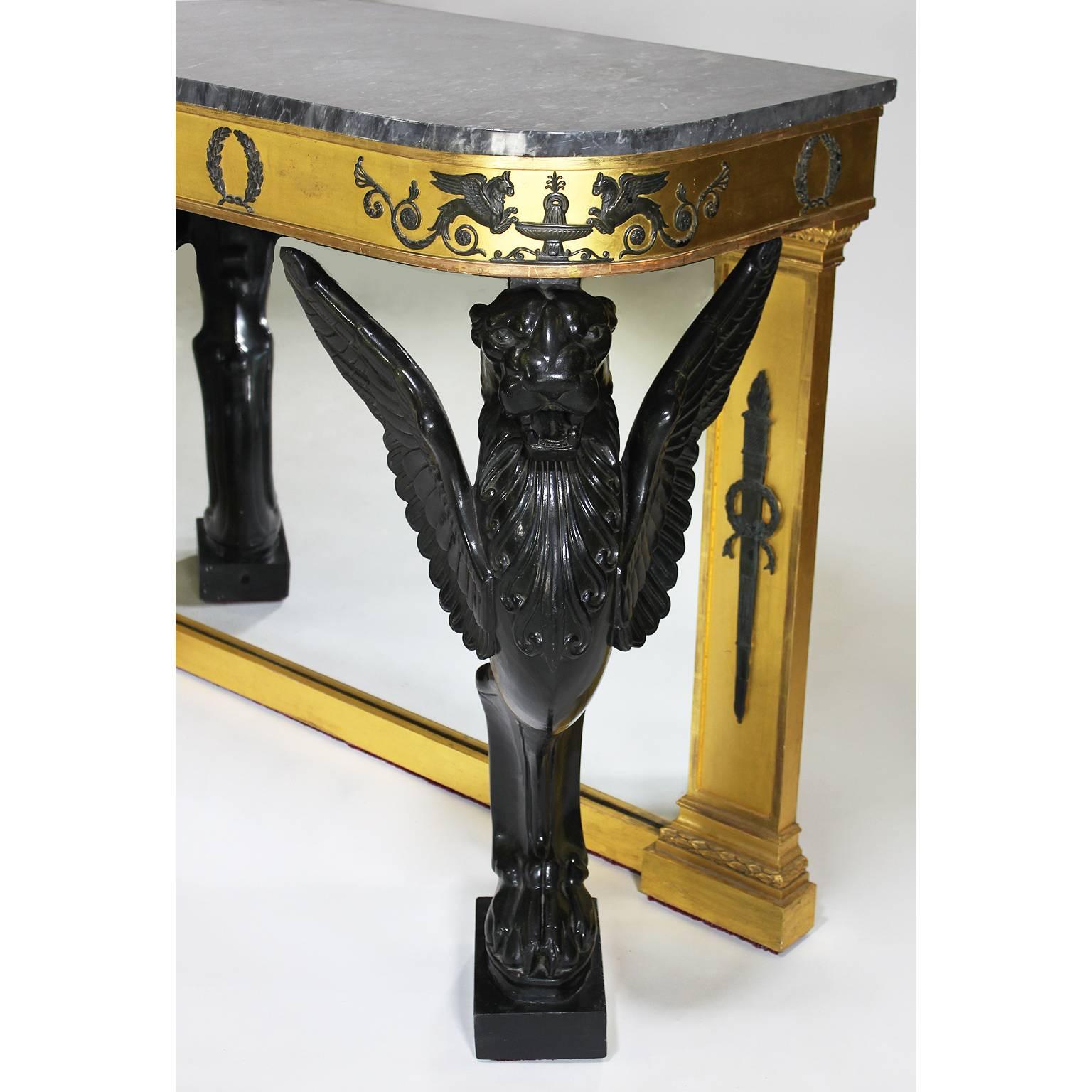 Pair of French 19th Century Empire Style Giltwood & Gesso Carved Console Tables In Good Condition For Sale In Los Angeles, CA