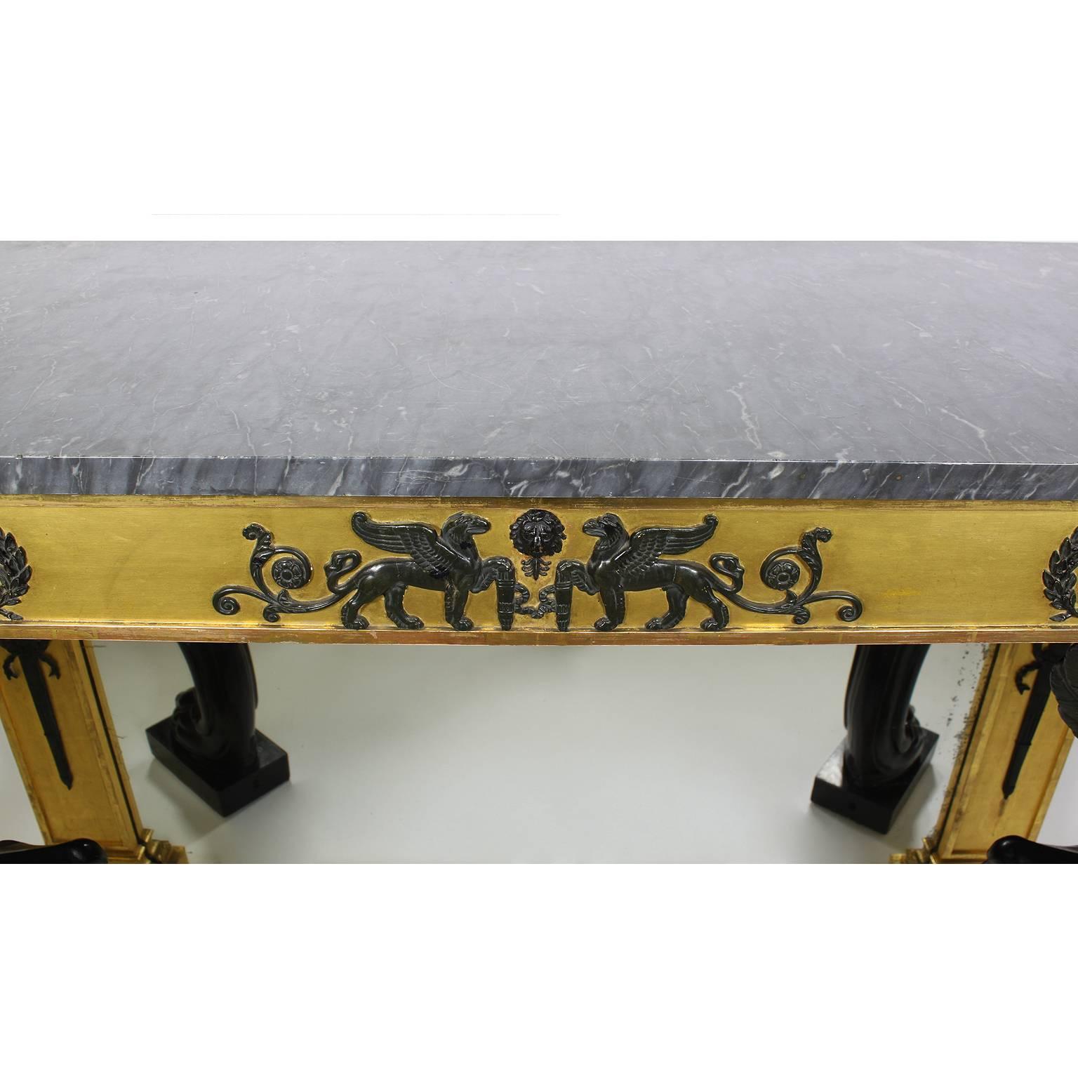 Ebonized Pair of French 19th Century Empire Style Giltwood & Gesso Carved Console Tables For Sale