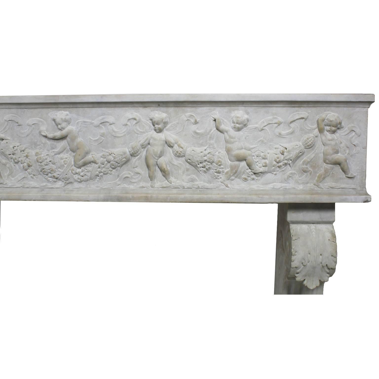Hand-Carved French 19th Century, Whimsical Rococo Style Marble Carved Planter with Cherubs For Sale