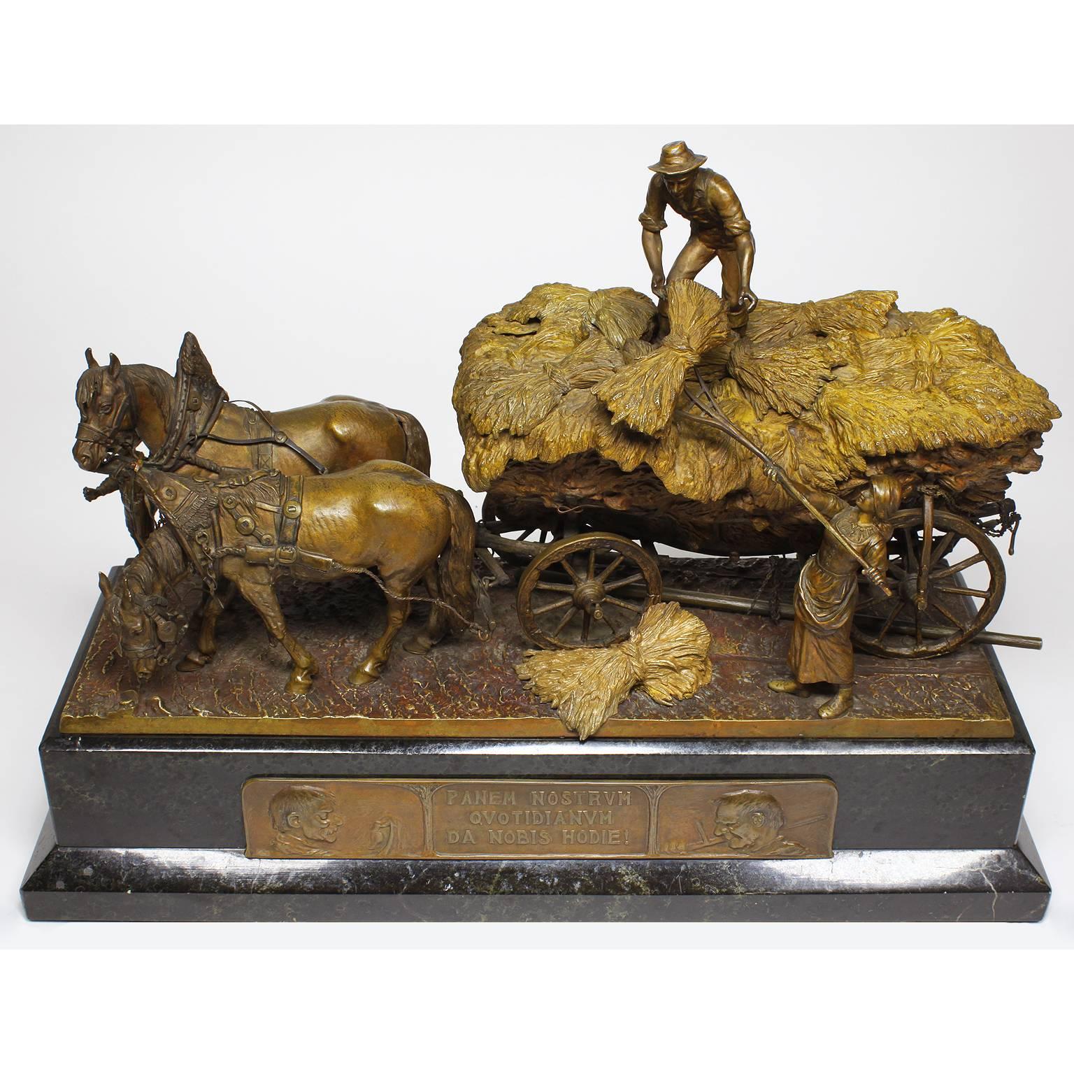 Rudolf Winder (Austrian, b. 1842) A very fine Austrian 19th century gilt bronze figural group depicting farmers loading a horse-drawn-cart with their wheat harvest. The Superb quality sculpture with fine attention to detail and chasing with the male