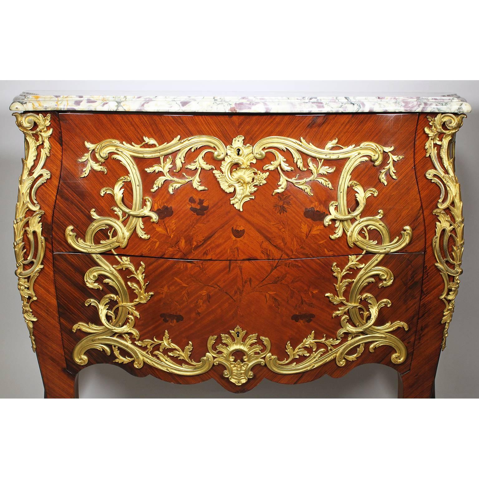 Semi-Pair of French 19th Century Louis XV Style Marquetry & Gilt-Bronze Commodes In Good Condition In Los Angeles, CA