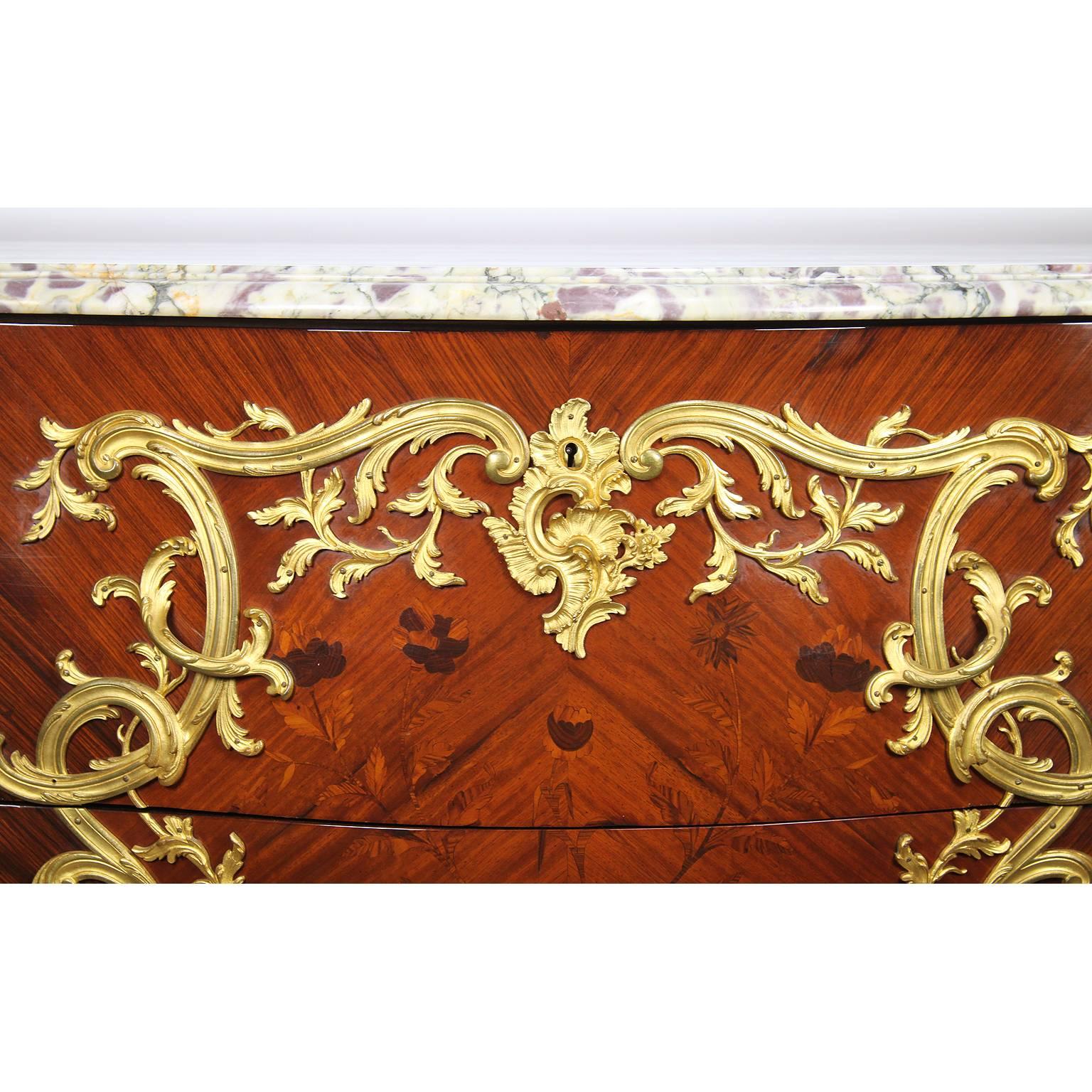 Marble Semi-Pair of French 19th Century Louis XV Style Marquetry & Gilt-Bronze Commodes