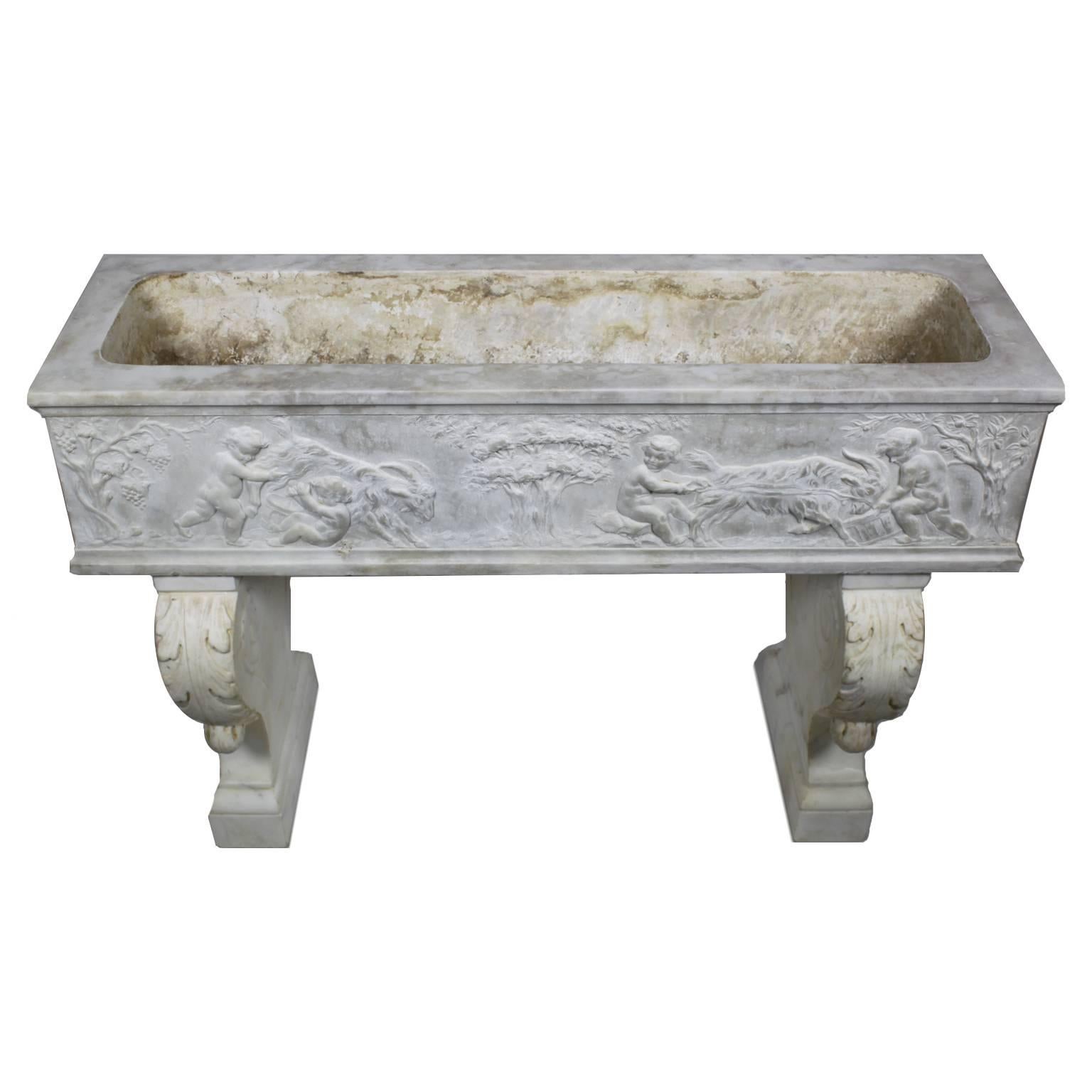 French 19th Century, Whimsical Rococo Style Marble Carved Planter with Children For Sale 1