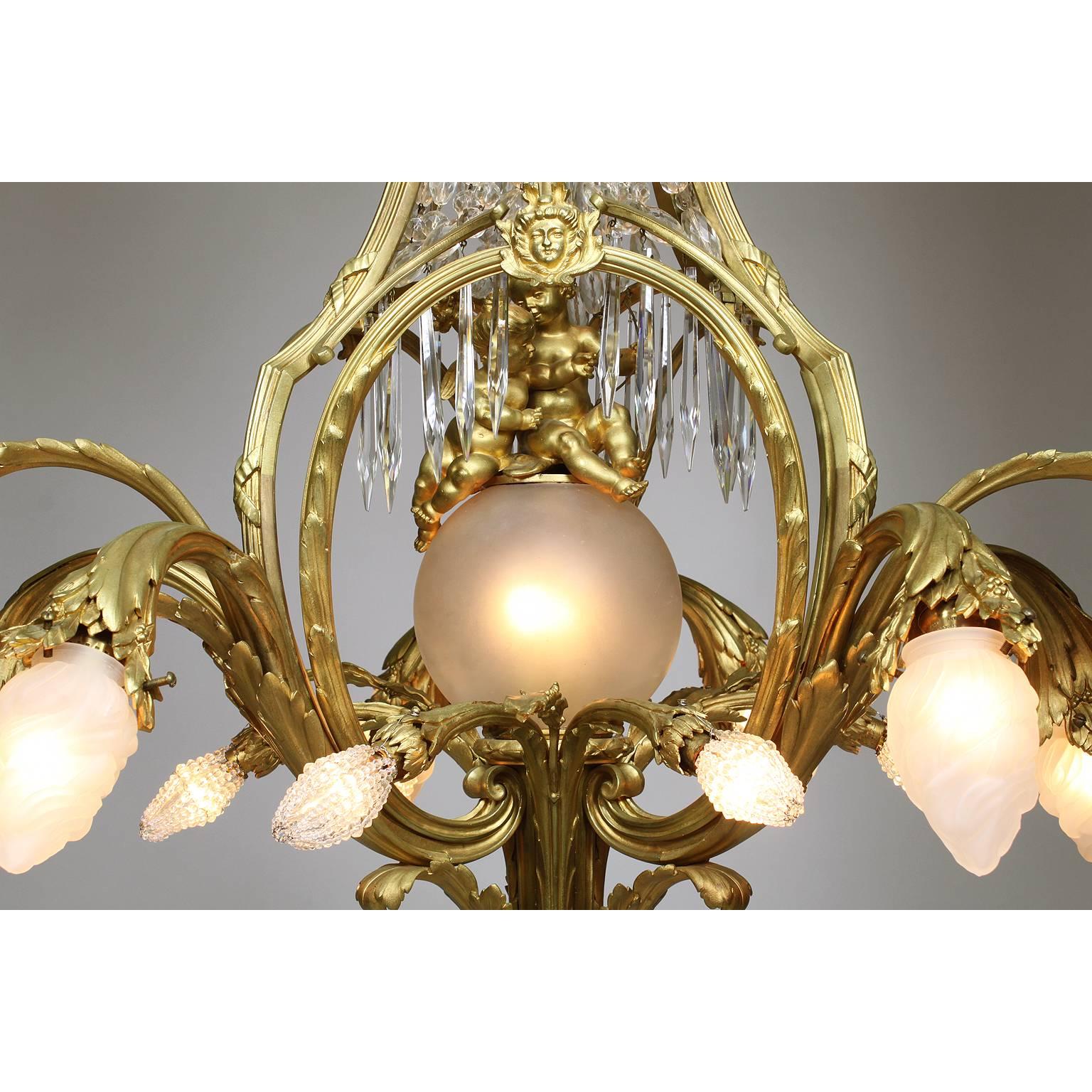 French Belle Époque Gilt-Bronze and Cut-Glass Figural Cherub & Putto Chandelier In Excellent Condition In Los Angeles, CA